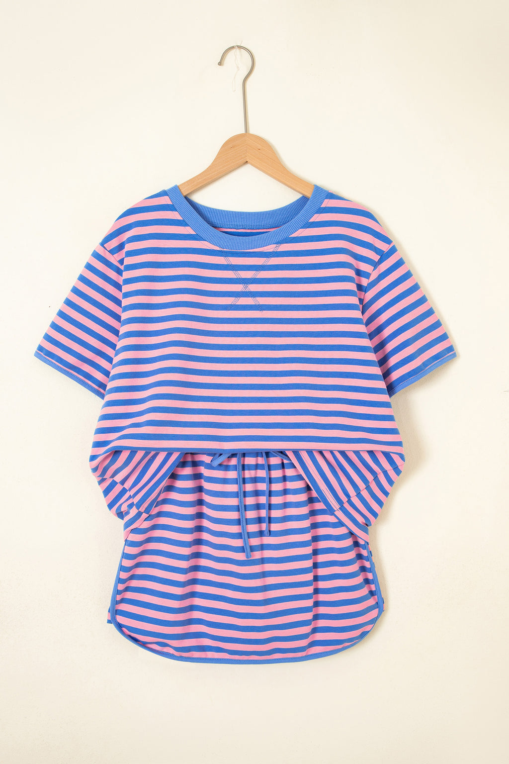 Blue Stripe Loose Short Sleeve Top and Skirt Set