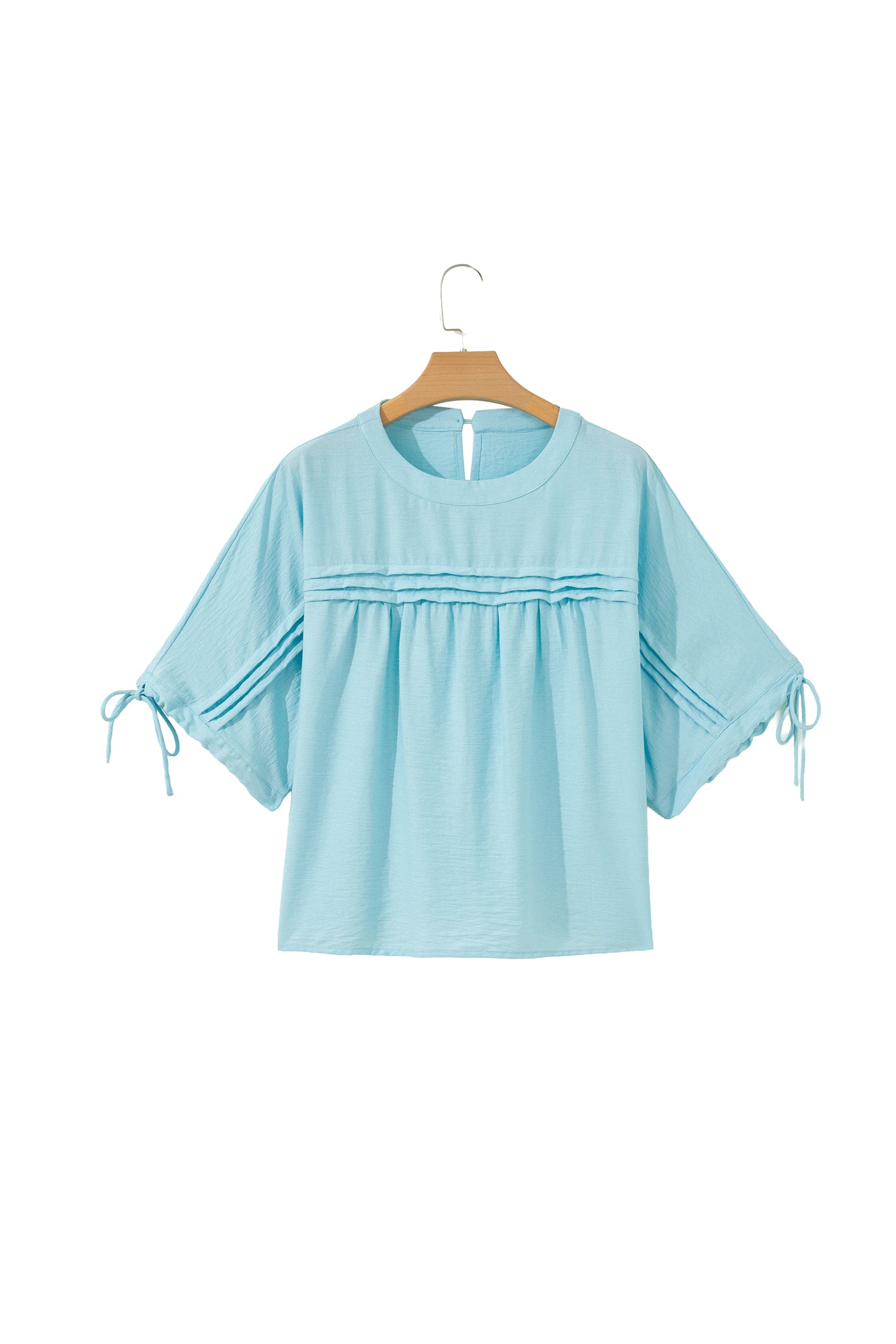 Mist Blue Tie Half Sleeve Pleated Detail Babydoll Blouse