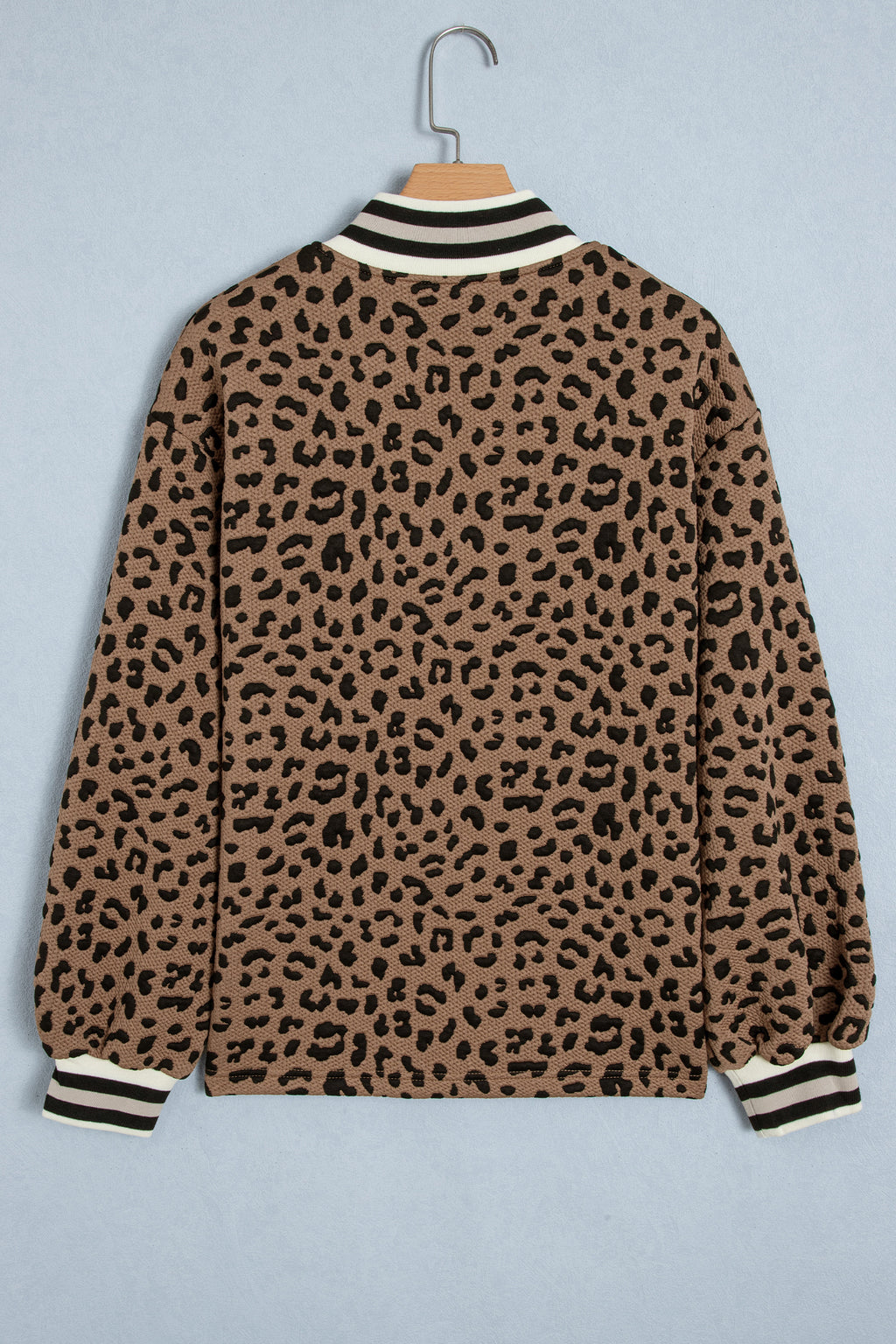 Brown Leopard Print Striped Trim Collar Long Sleeve Shift Pullover