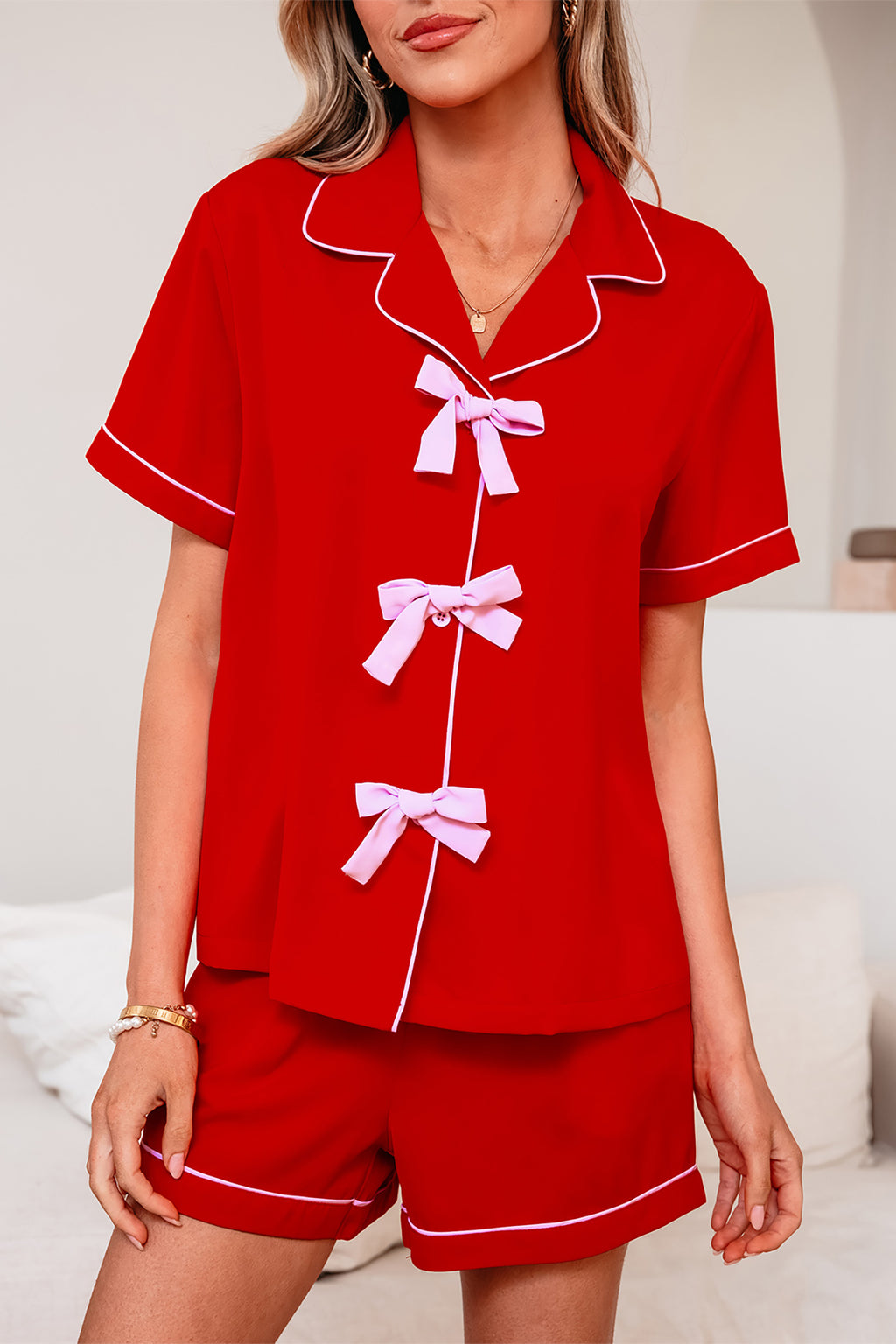 Cherry Bow Satin PJ Set
