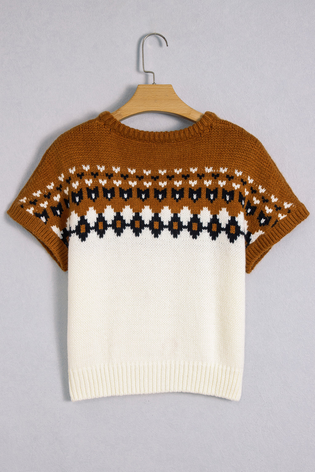 Brown V Neck Short Sleeve Geometric Print Western Style Knit Tee
