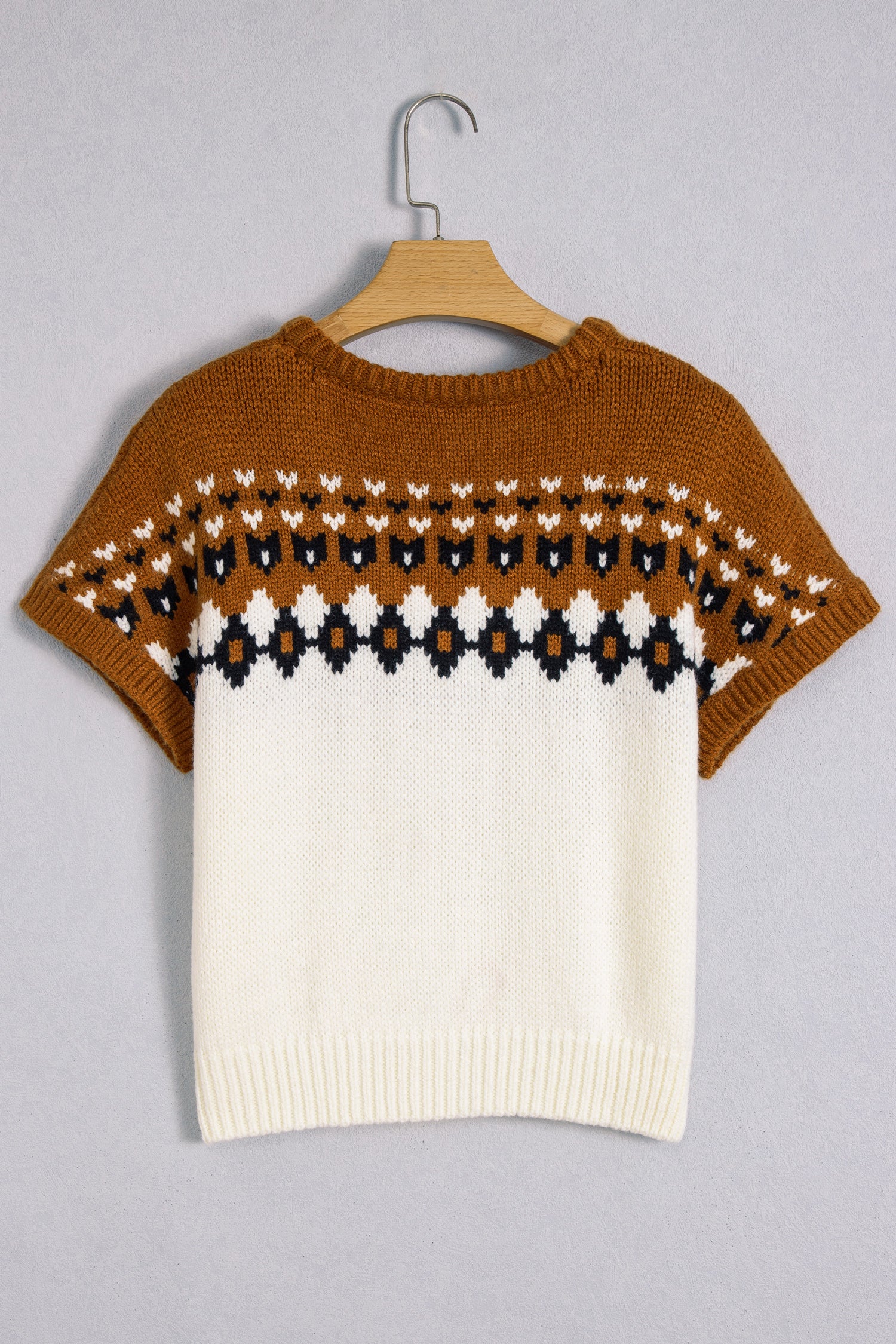 Brown V Neck Short Sleeve Geometric Print Western Style Knit Tee