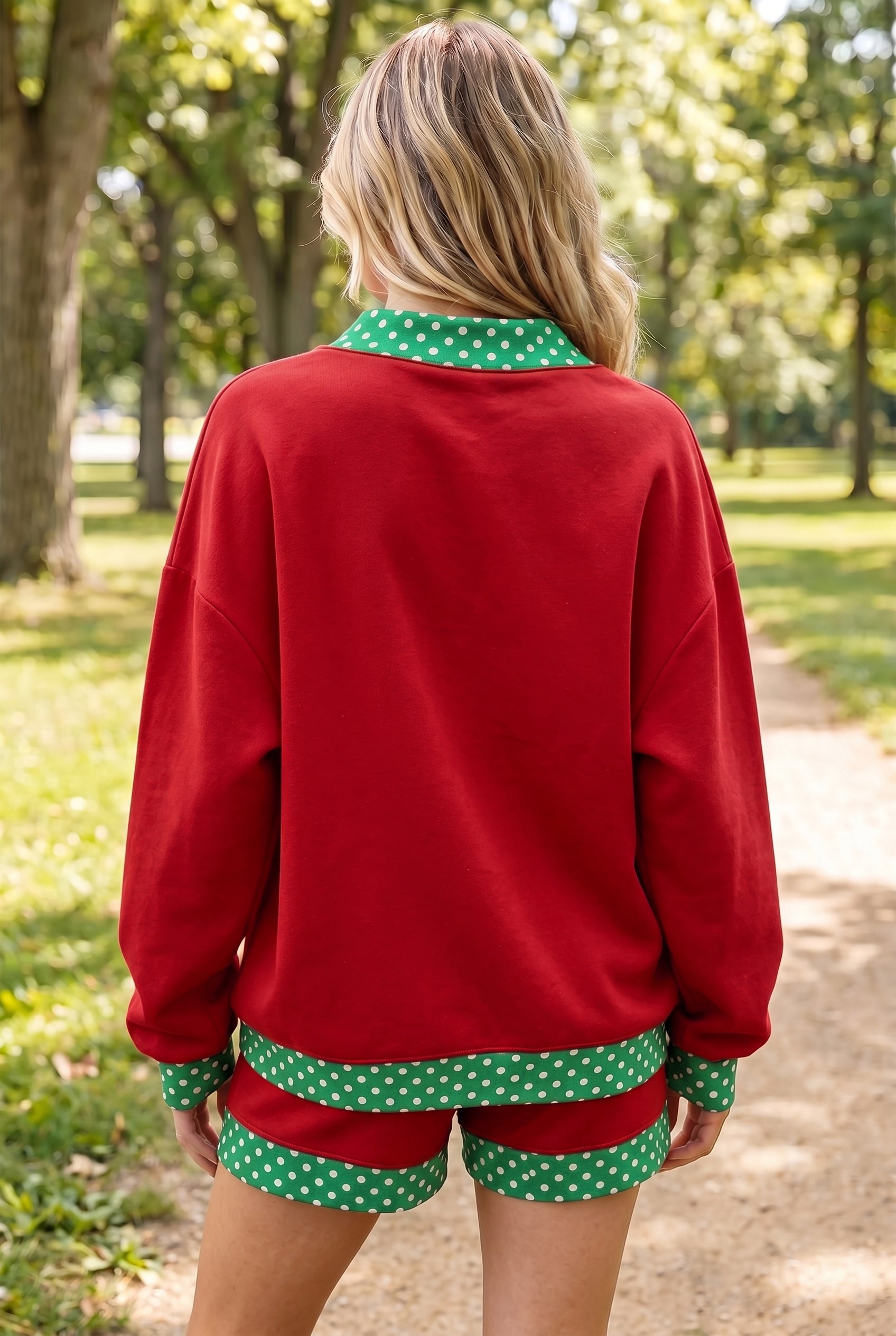 Fiery Red Gingham Trim Baggy Pullover 2pcs Short Set