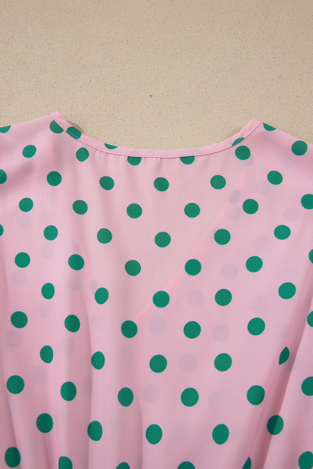 Pink V Neck Polka Dot Print Drawstring Tiered Babydoll Blouse