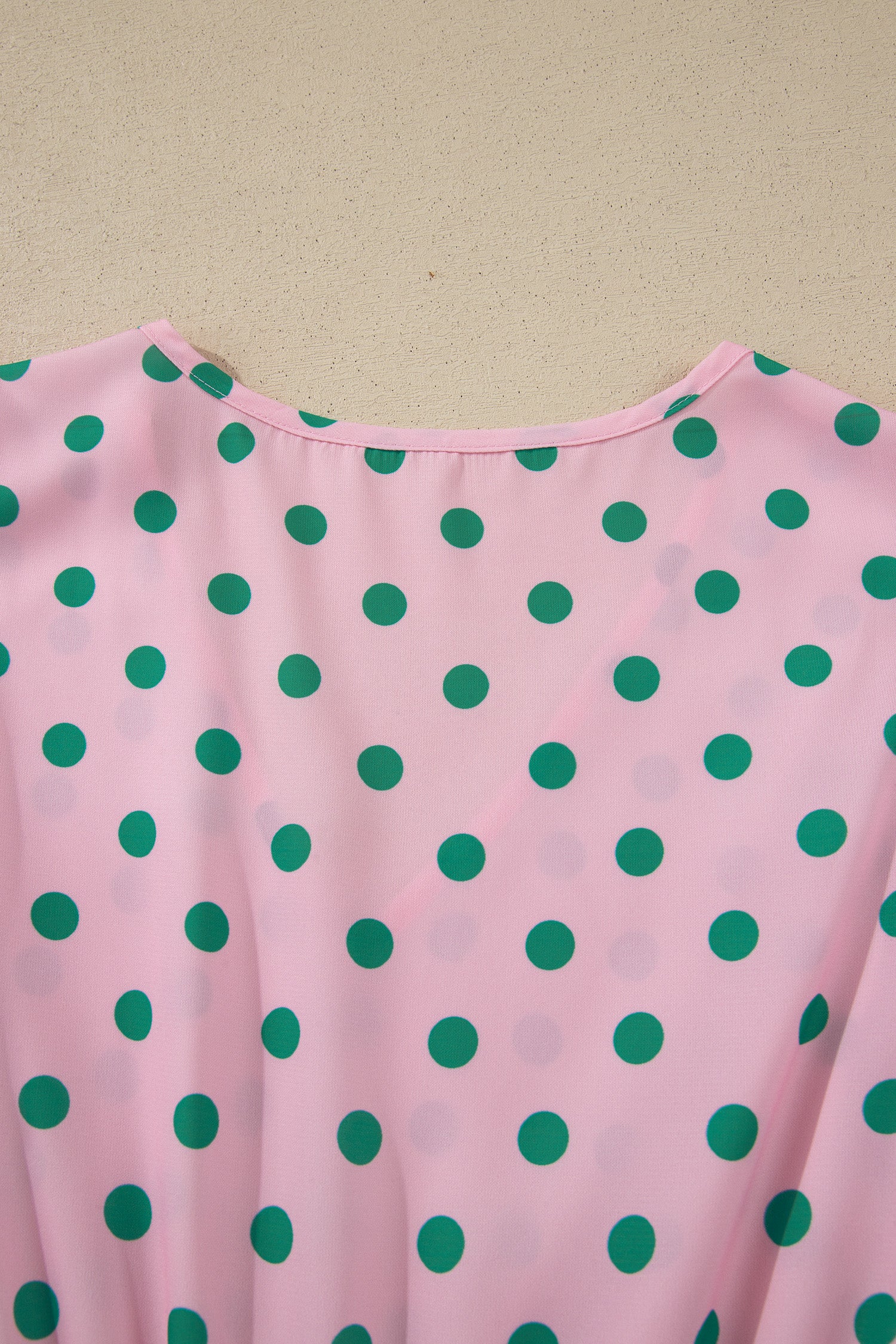 Pink V Neck Polka Dot Print Drawstring Tiered Babydoll Blouse