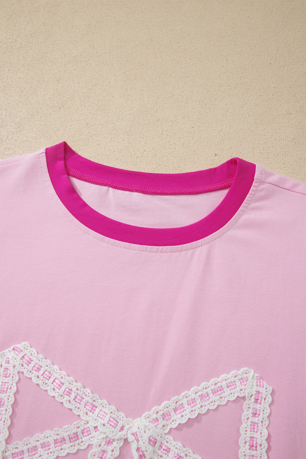 Gossamer Pink Embroidered Bow Detail Color Block Loose Tee