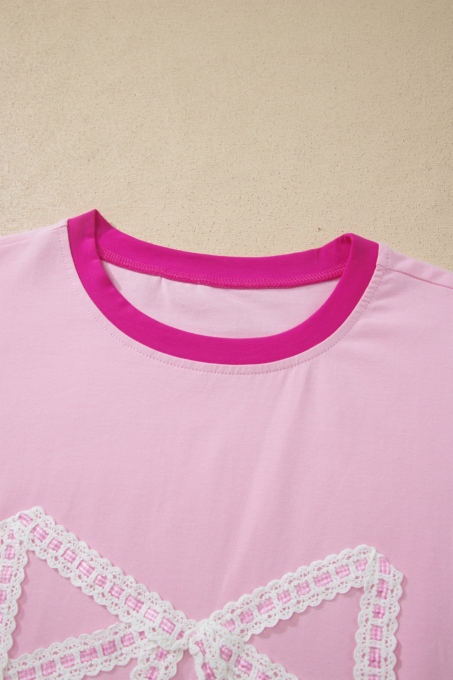 Gossamer Pink Embroidered Bow Detail Color Block Loose Tee