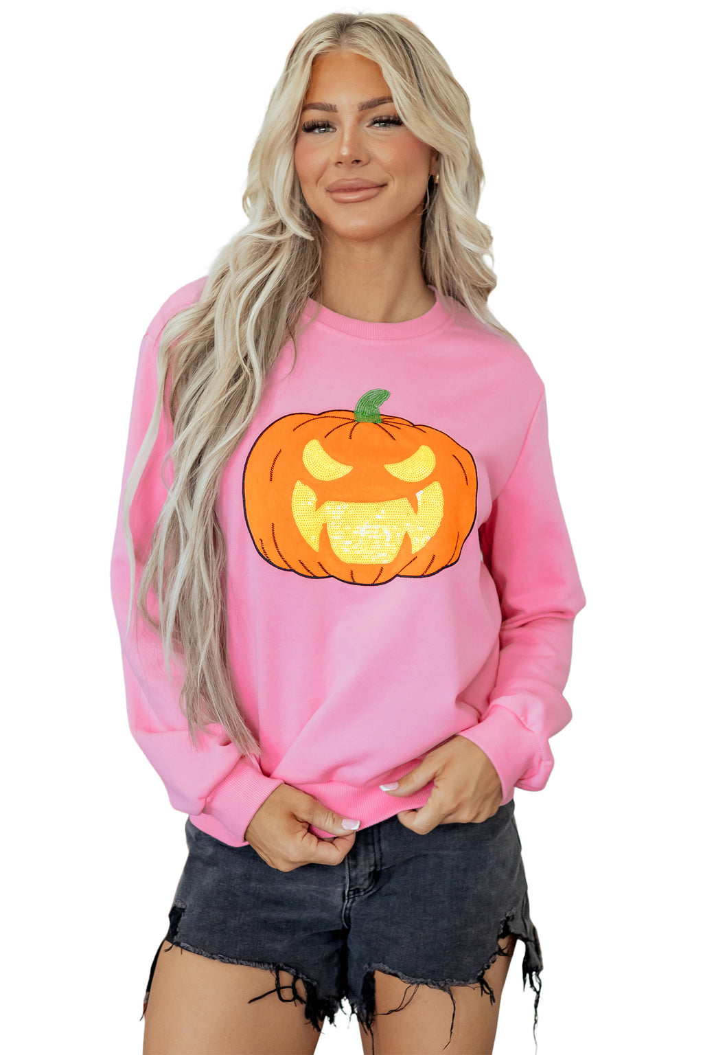 Pink Embroidered Pumpkin Face Long Sleeve Round Neck Sweatshirt