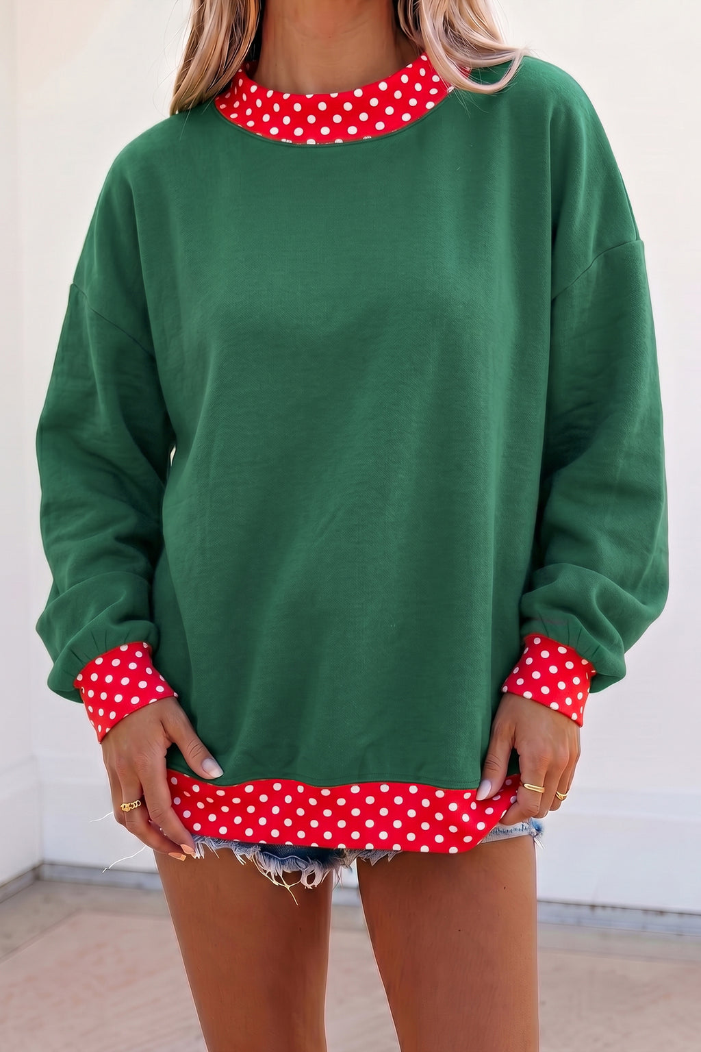 Orange Colorblock Polka Dot Contrast Trim Oversized Sweatshirt