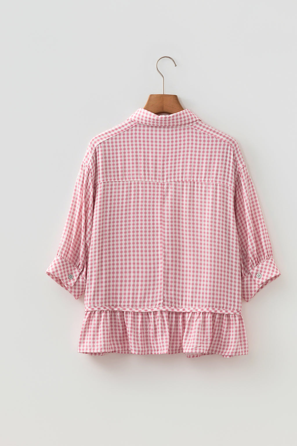 Pink Plaid Half Sleeve Ruffle Hem Button Down Shirt