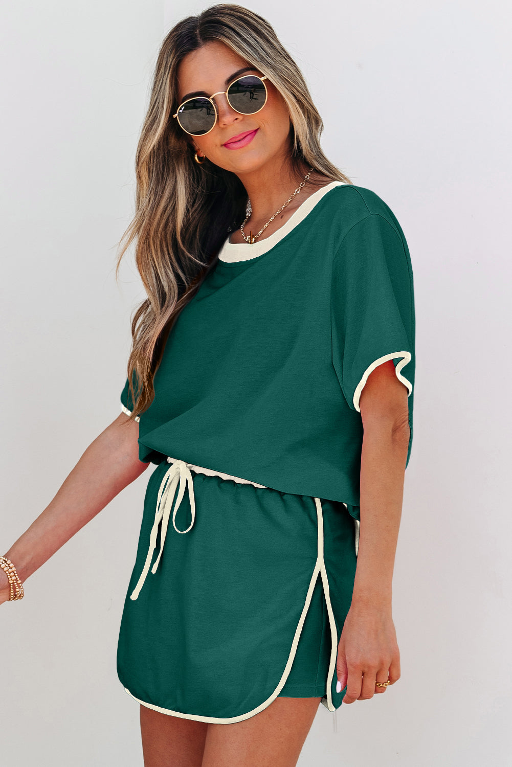 Moonlight Jade Colorblock Edge Drop Shoulder T Shirt and Skort 2Pcs Set