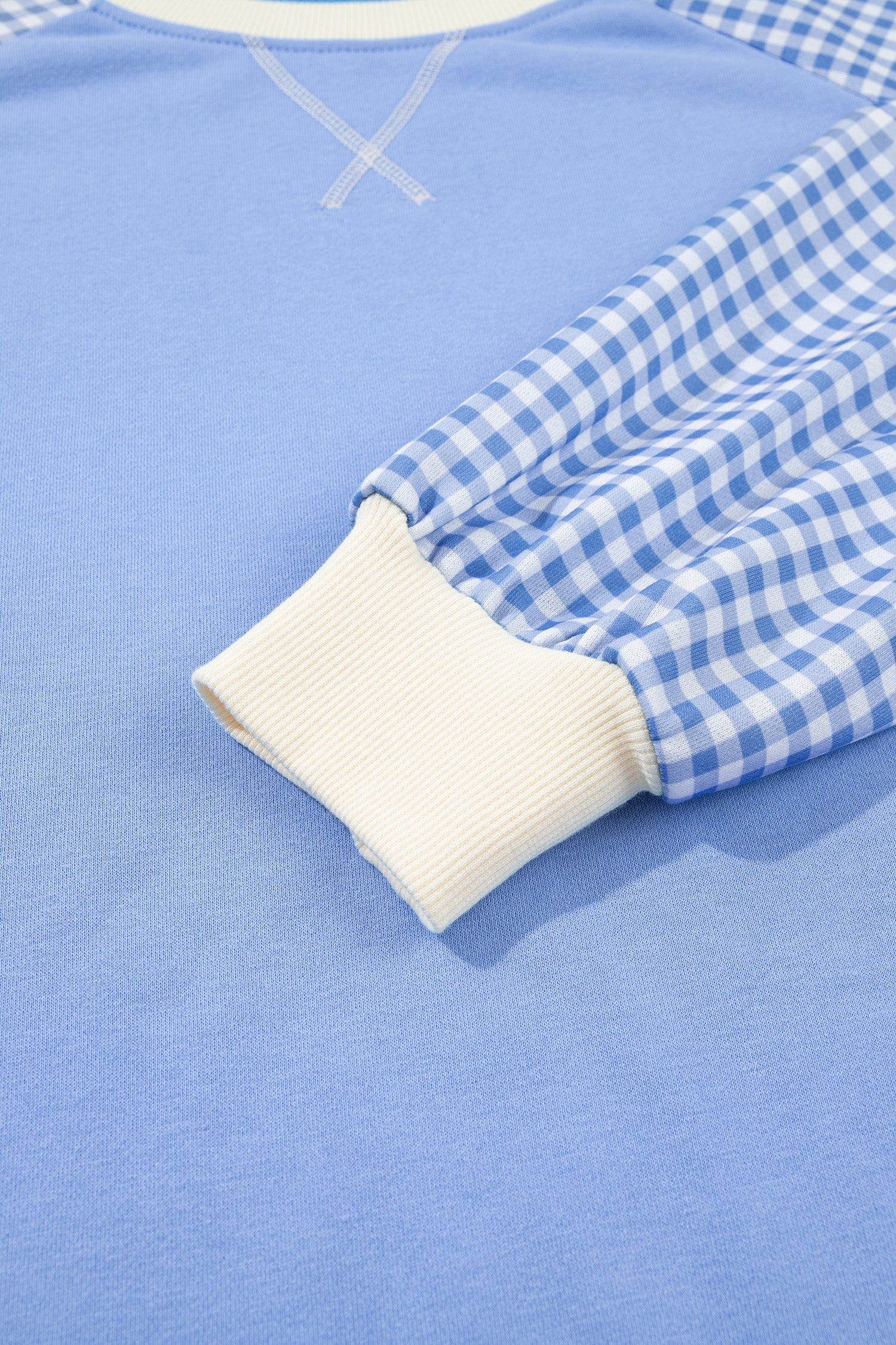 Light Blue Plaid Sleeve Colorblock Raglan Pullover Sweatshirt