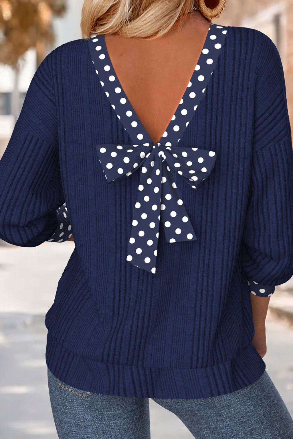 Polka Dot Bow Tie Ribbed Top