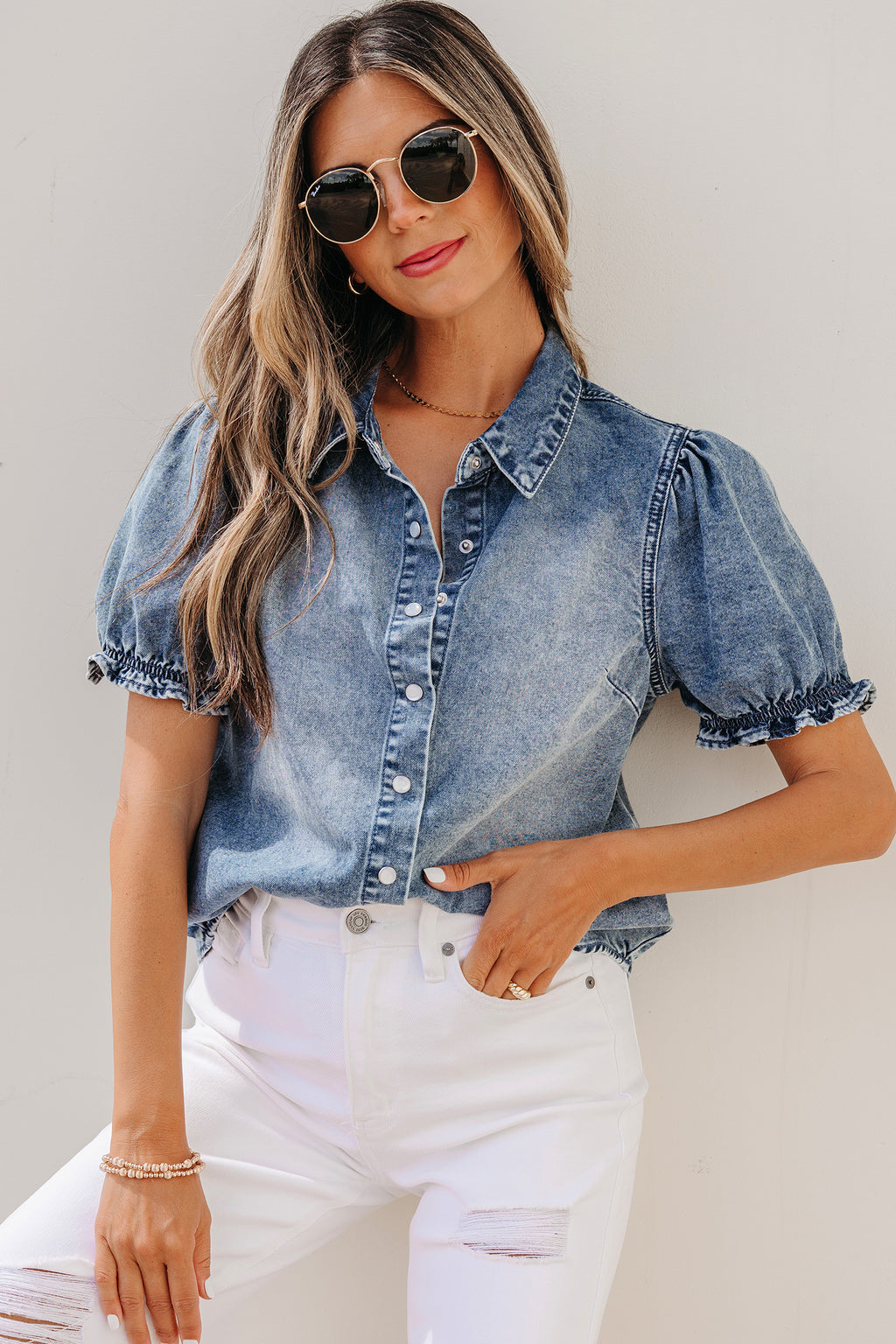 Frilled Short Sleeve Denim Shirt