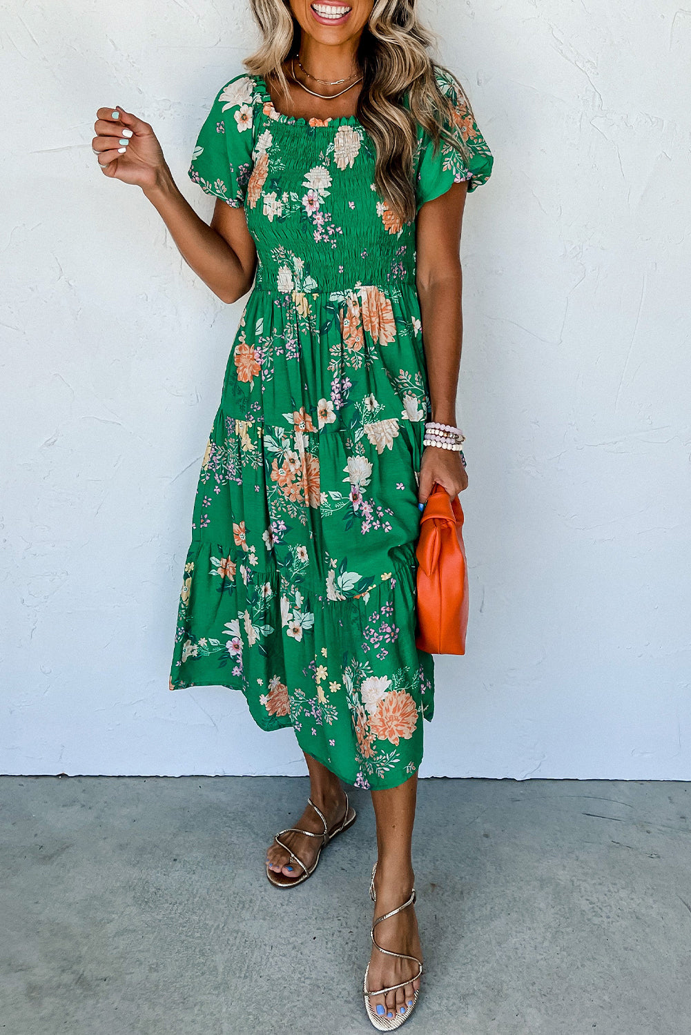 Floral Print Bubble Sleeve Midi Dress