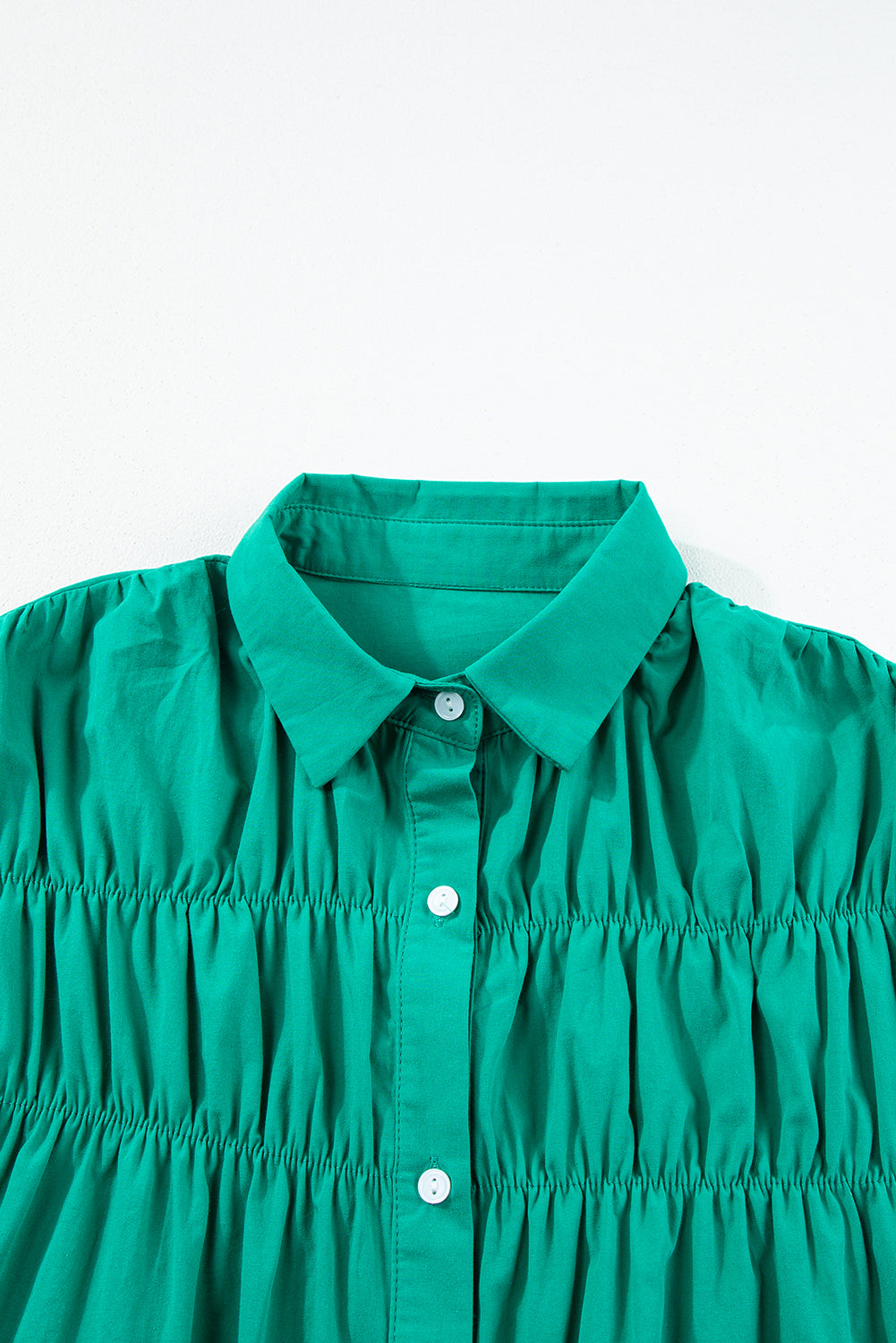 Shirred Ruffle Sleeve Button Up Short Dress