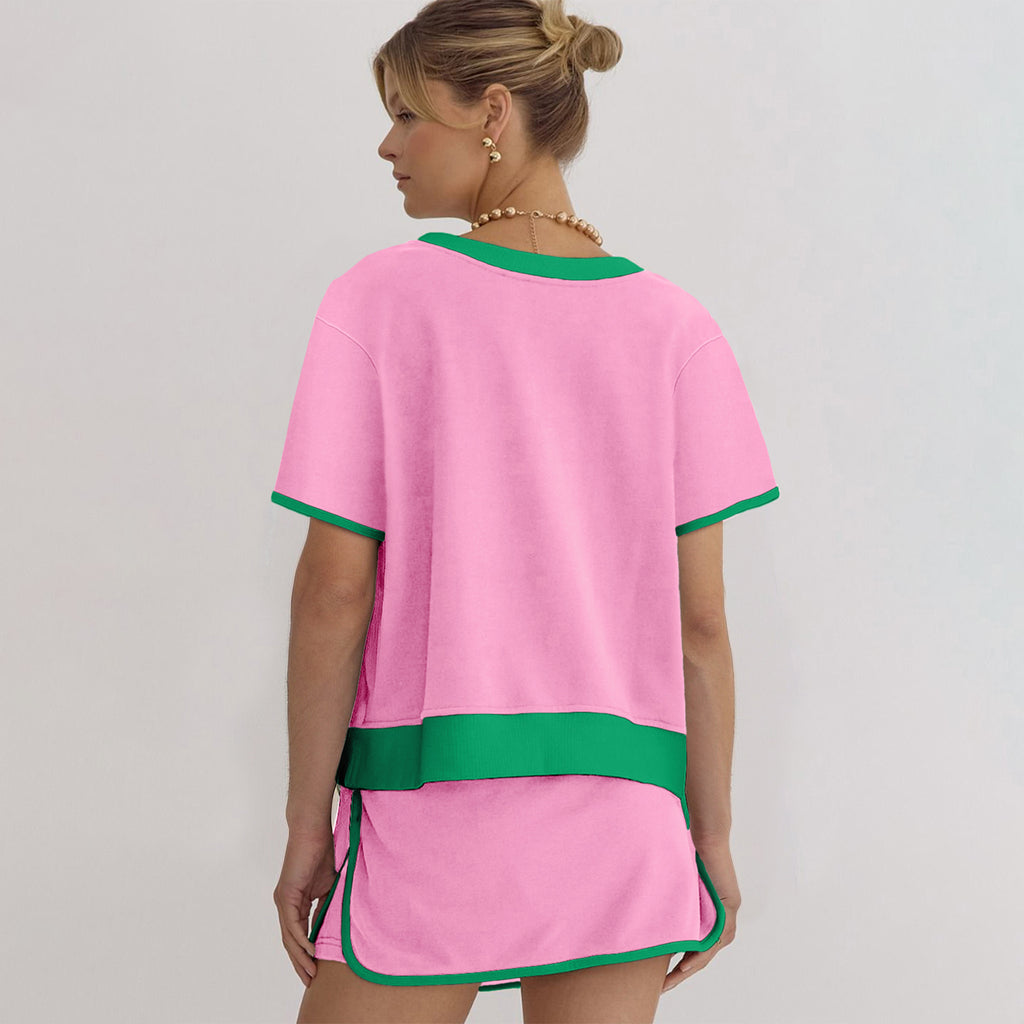 Moonlight Jade Colorblock Edge Drop Shoulder T Shirt and Skort 2Pcs Set