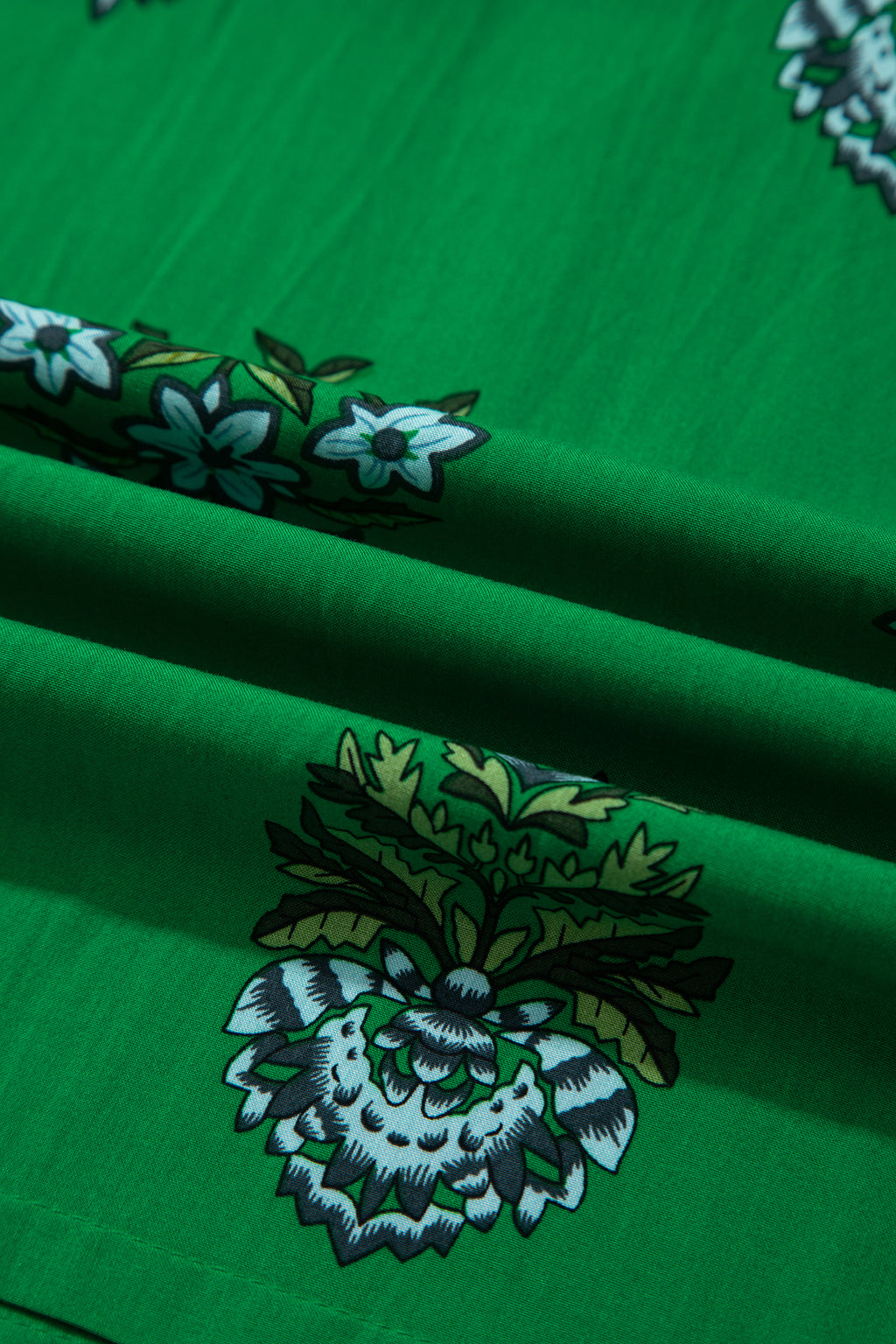 Green Floral Print Split Neck Shirred High Waist Ruffle Hem Maxi Dress