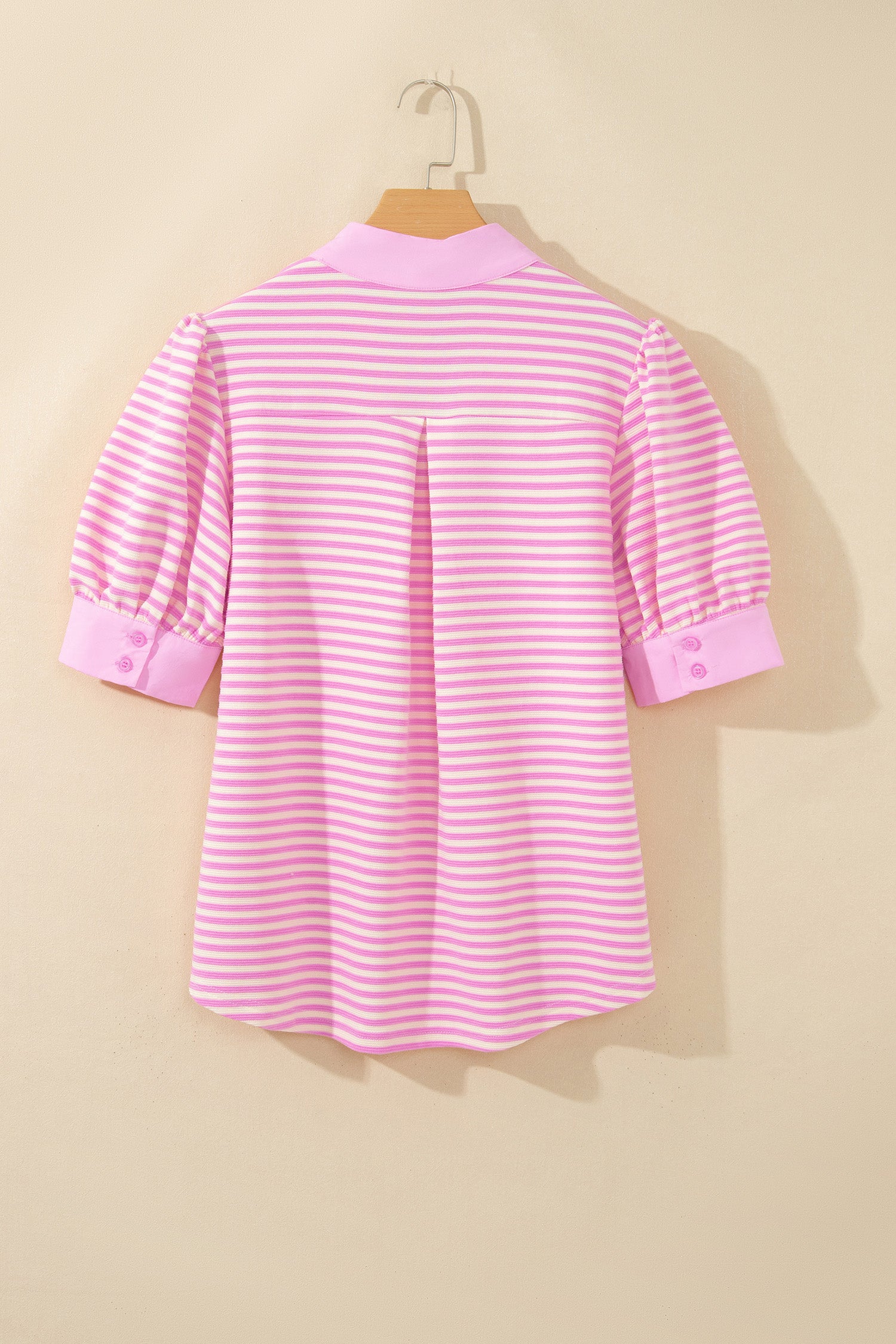 Pink Stripe Color Block Detail Split Neck Short Sleeve Blouse