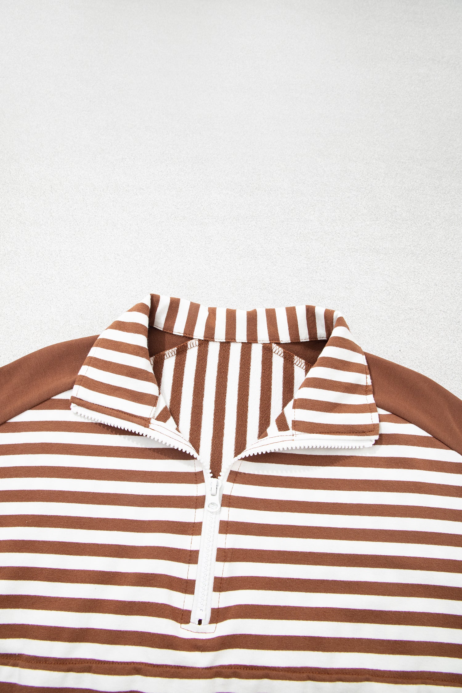 Brown Stripe Color Block Patchwork Quarter Zip Pullover Sporty Shorts Set