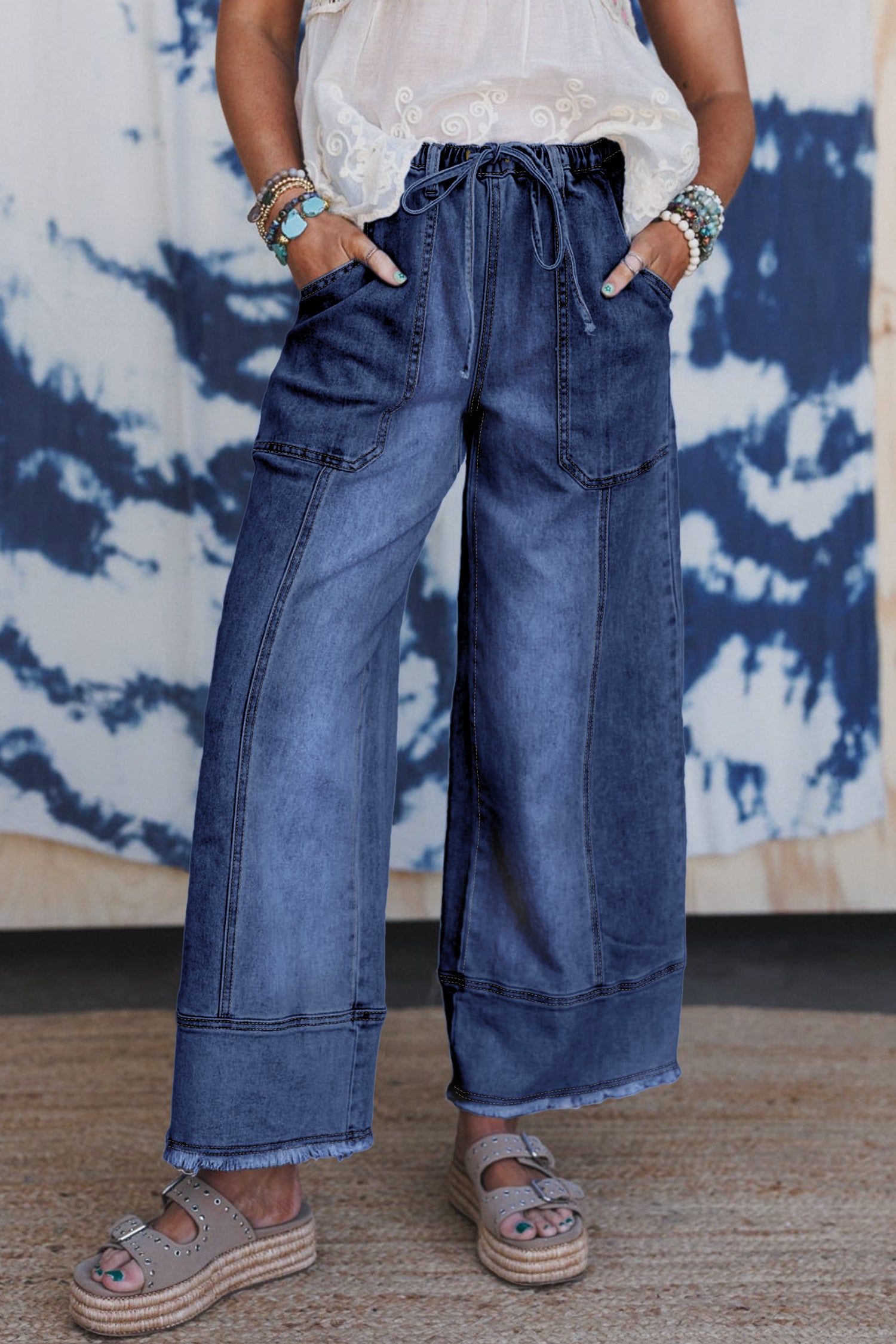 Drawstring Wide Leg Denim Pants