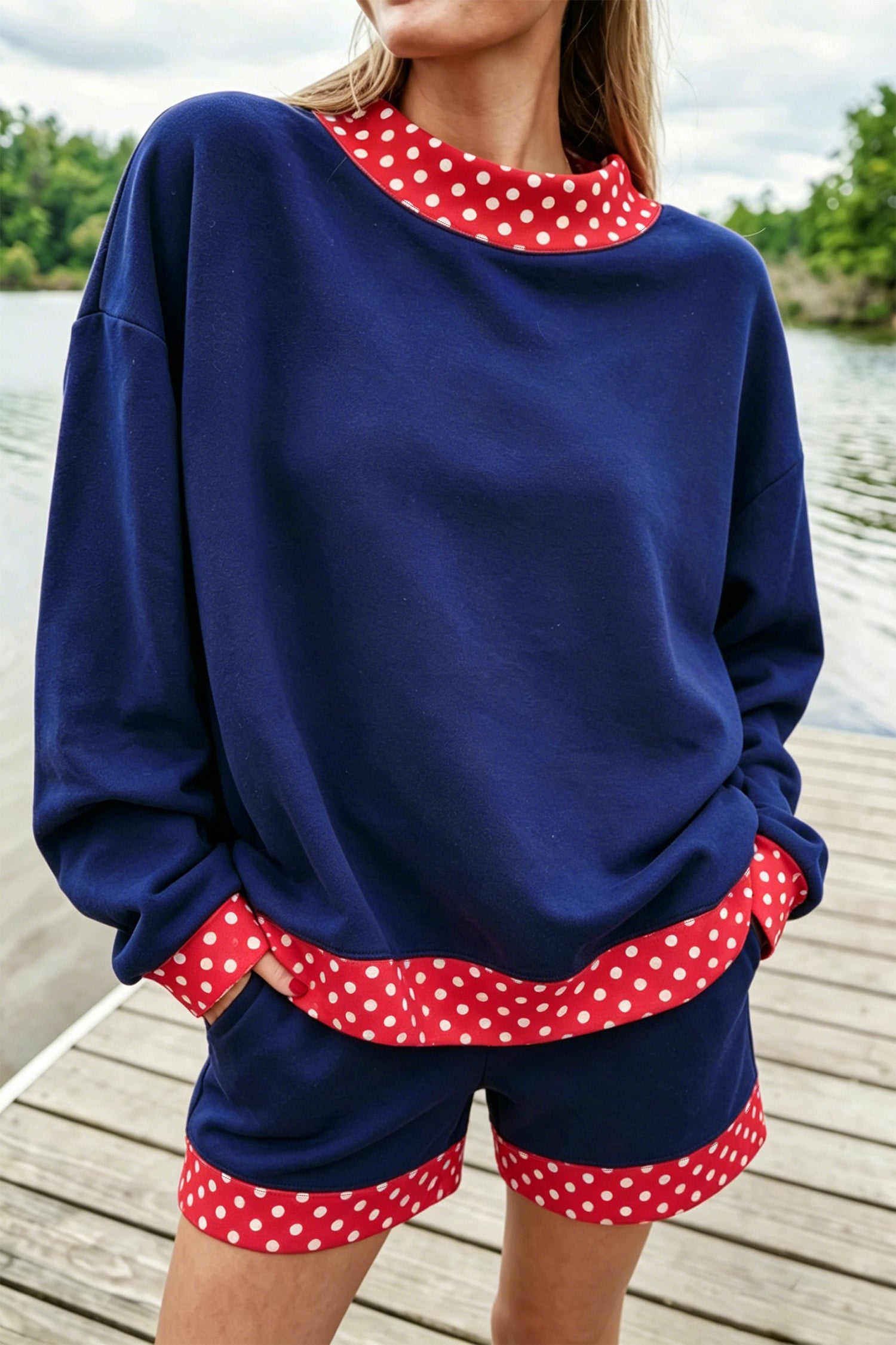 Fiery Red Gingham Trim Baggy Pullover 2pcs Short Set