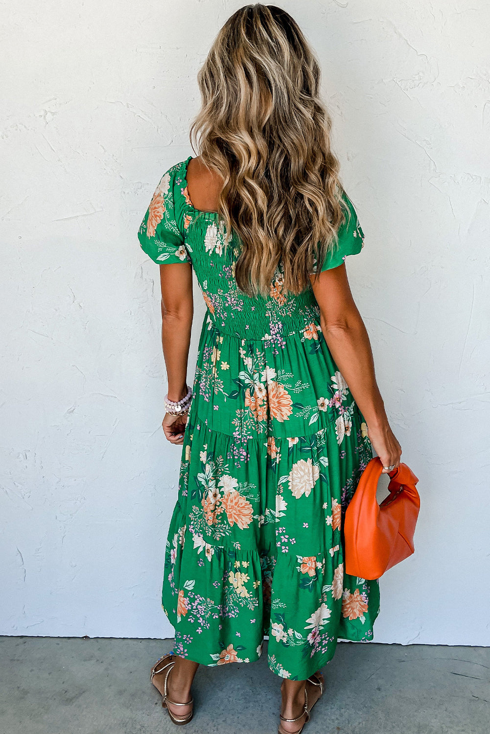Floral Print Bubble Sleeve Midi Dress