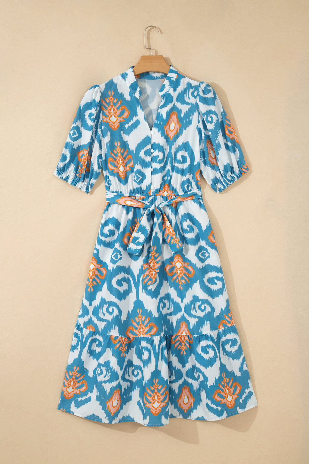 Sky Blue Boho Floral Print Short Puff Sleeve Button Down Ruffle Hem Midi Dress