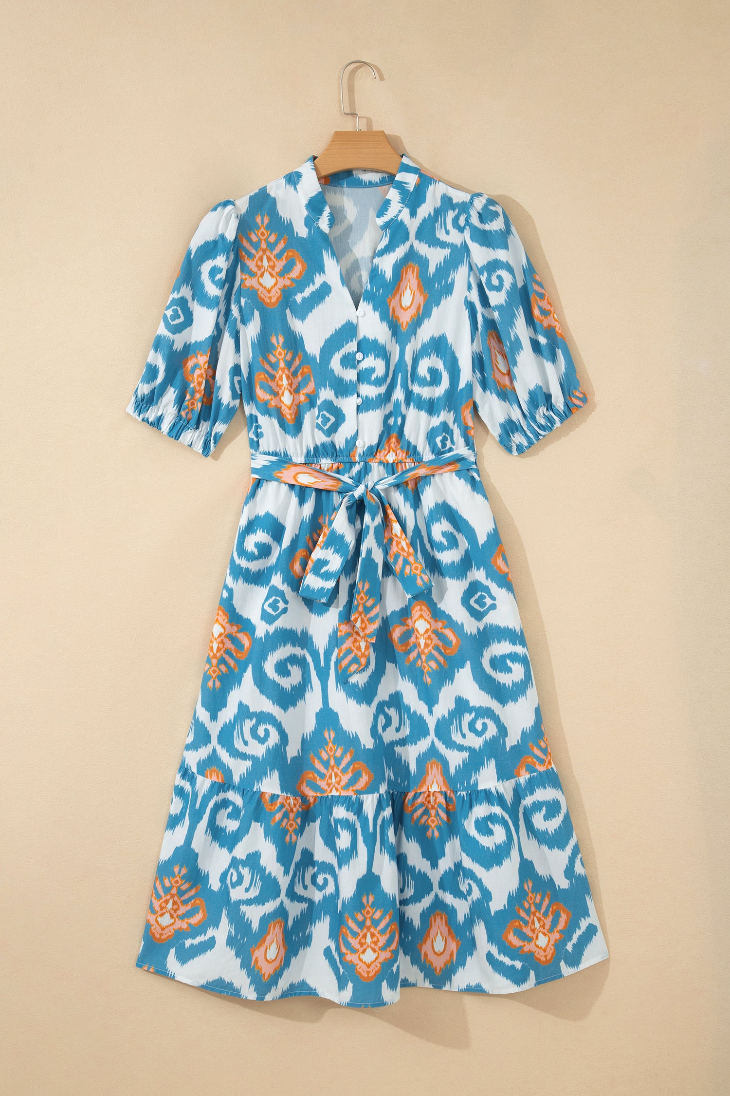 Sky Blue Boho Floral Print Short Puff Sleeve Button Down Ruffle Hem Midi Dress