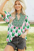 Multicolour Floral Print Puff Sleeve Contrast Bordered V Neck Blouse