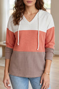 Gold Flame Ribbed Colorblock Hooded Pullover Long Sleeve Top