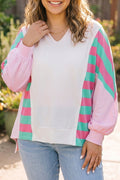 White Striped Colorblock V Neck Shift Long Sleeve Plus Size Blouse