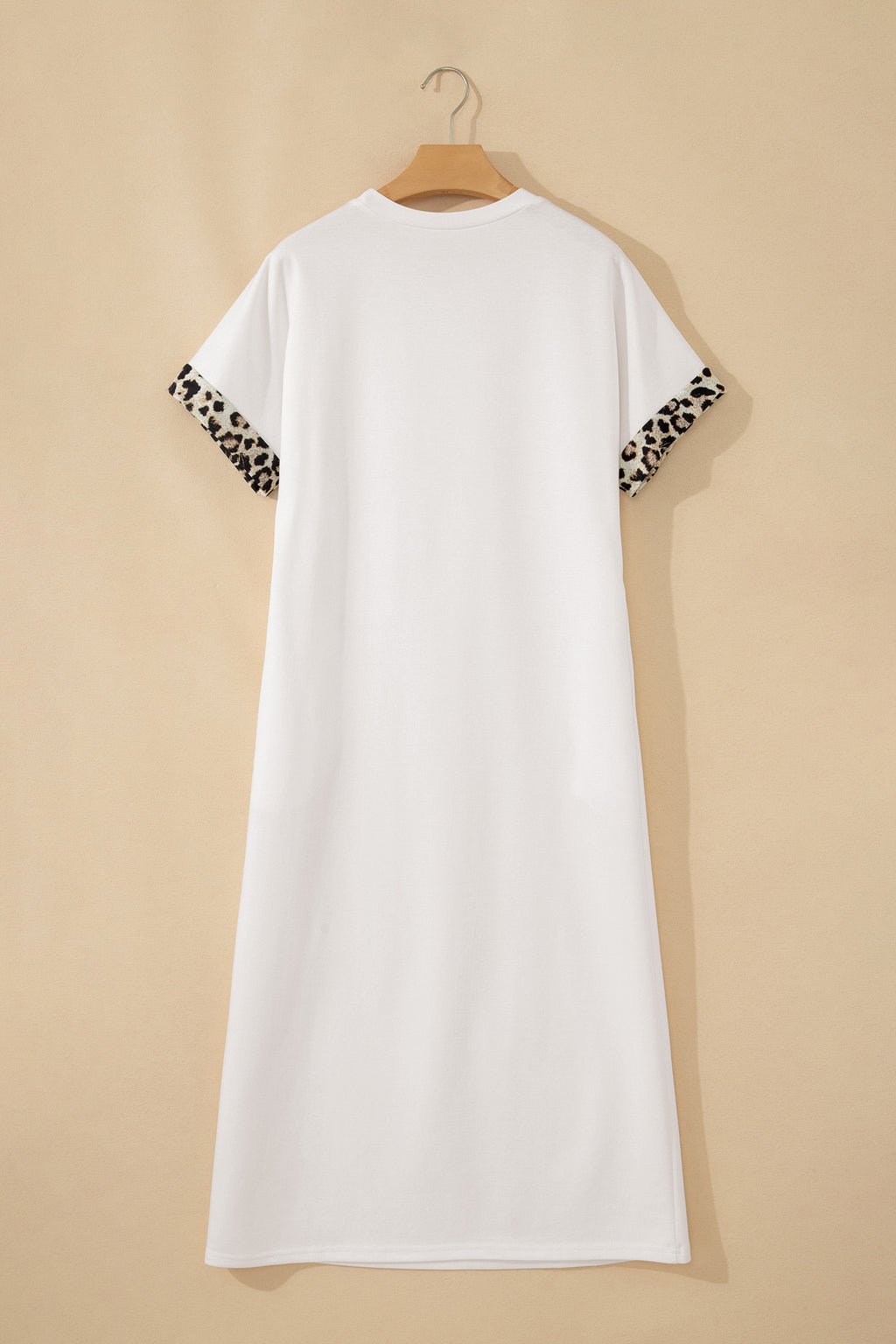 White Contrast Leopard Bow Patched Short Sleeve T Shirt Long Dress