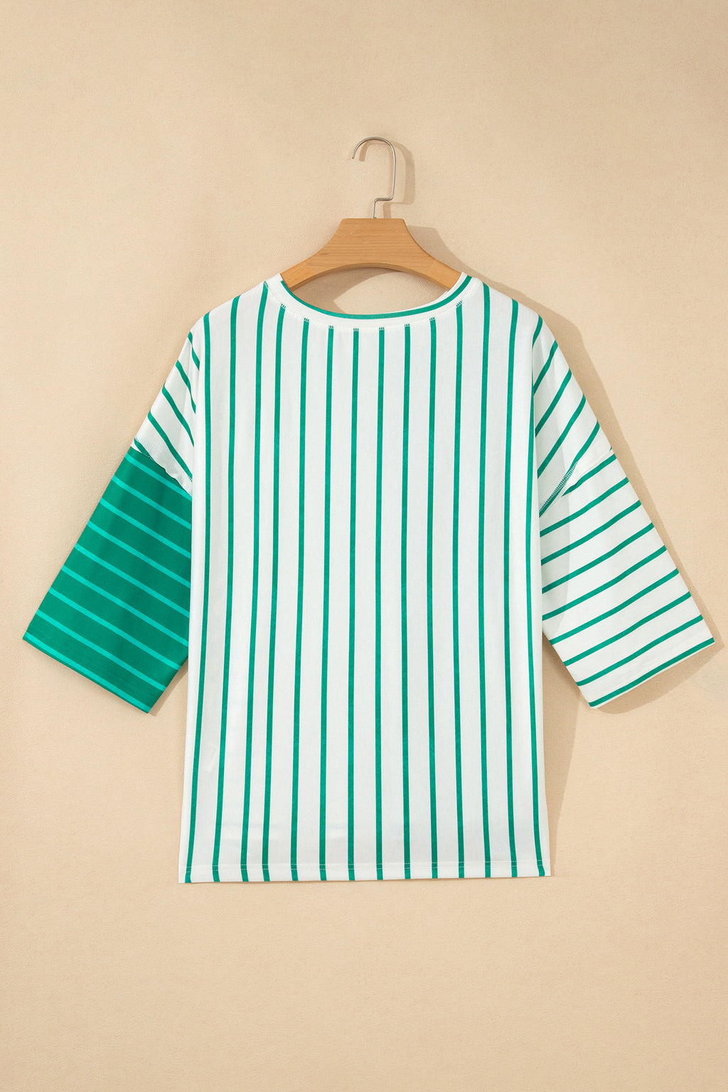 Green Stripe Colorblock 3/4 Sleeve Loose T Shirt