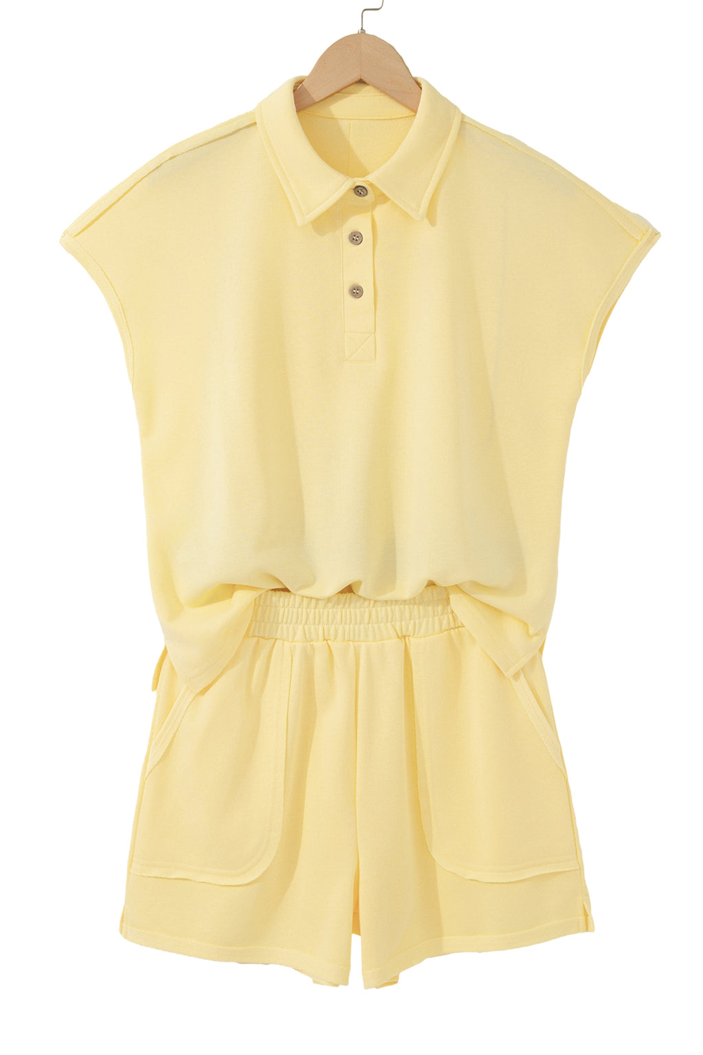 Yellow Cream Loose Polo Tee Elastic Waist 2pcs Short Set