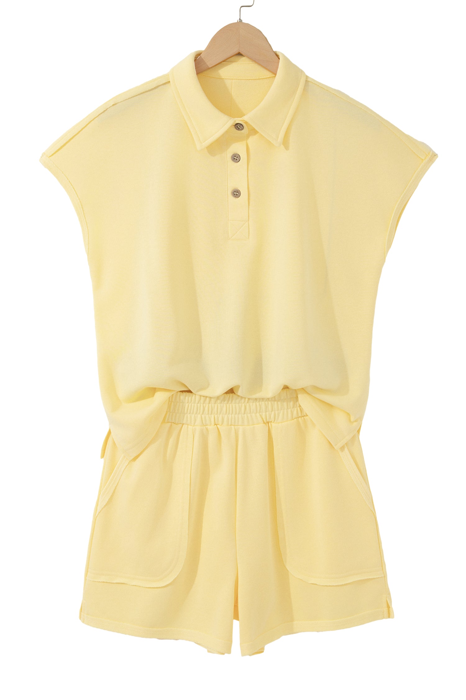 Yellow Cream Loose Polo Tee Elastic Waist 2pcs Short Set
