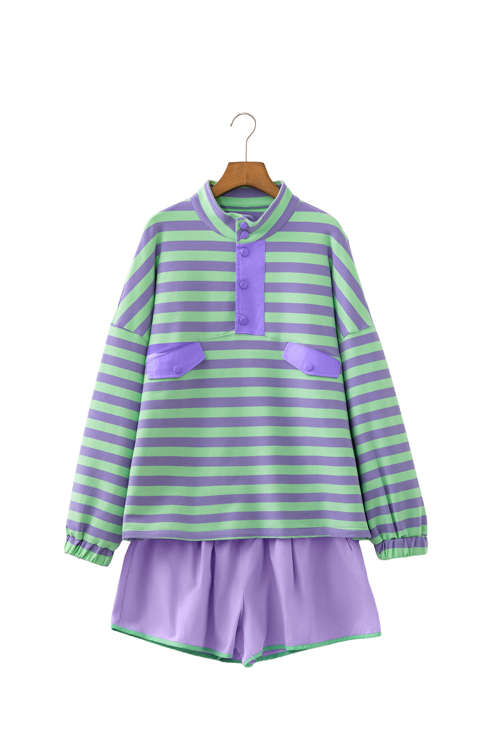 Purple Stripe Snap Button Long Sleeve Henley Top Contrast Shorts Two Piece Set