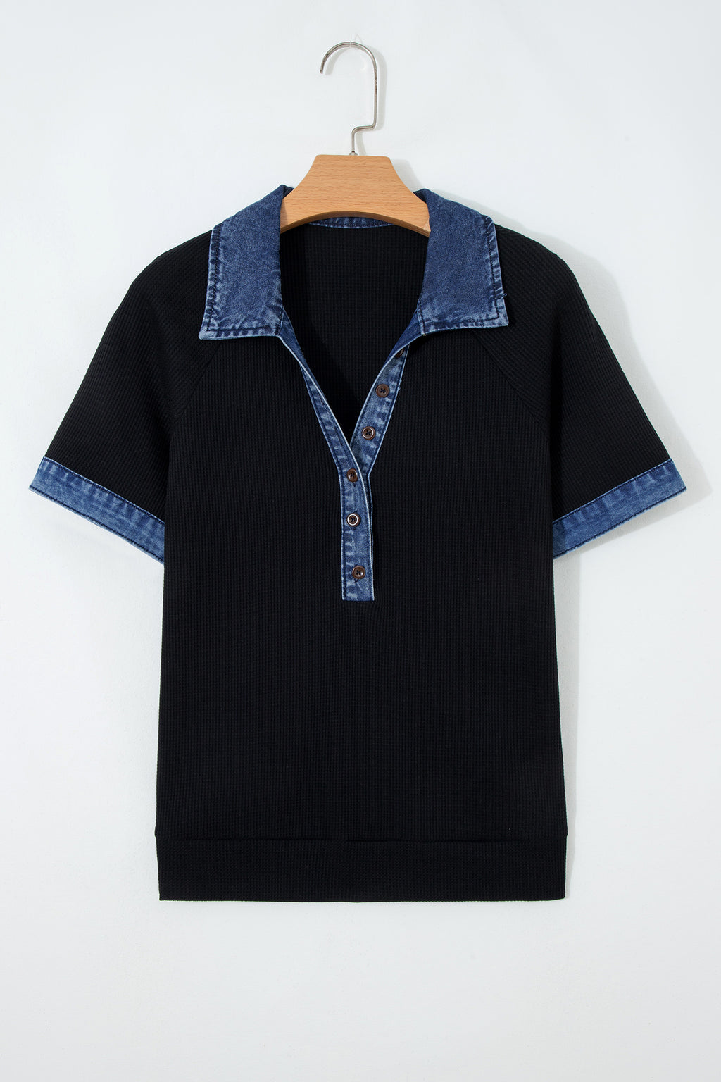 Waffle Knit Denim Polo Collar Top