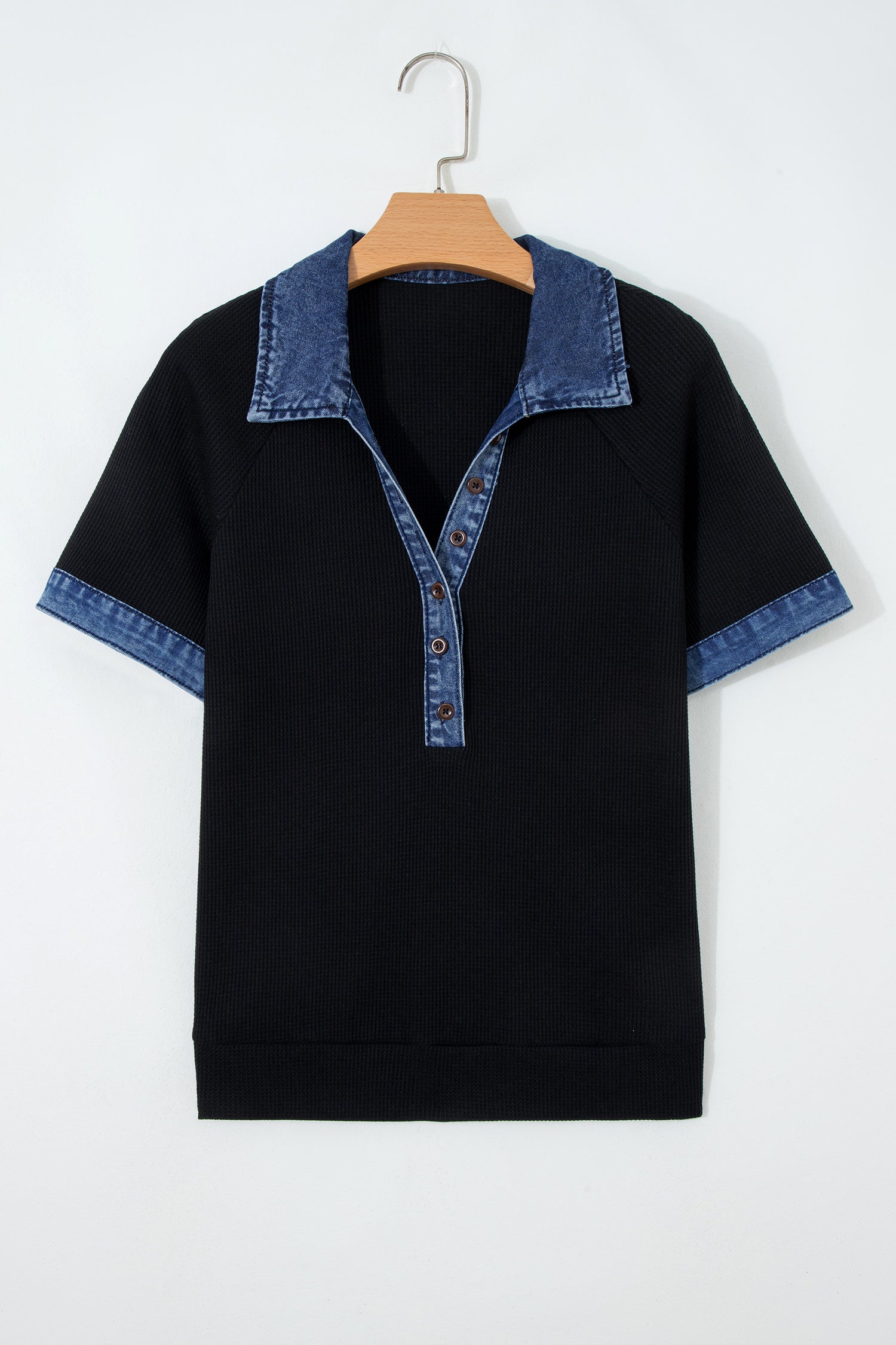 Waffle Knit Denim Polo Collar Top