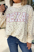 Beige Floral Print Stand Neck Long Sleeve Slogan Sweatshirt