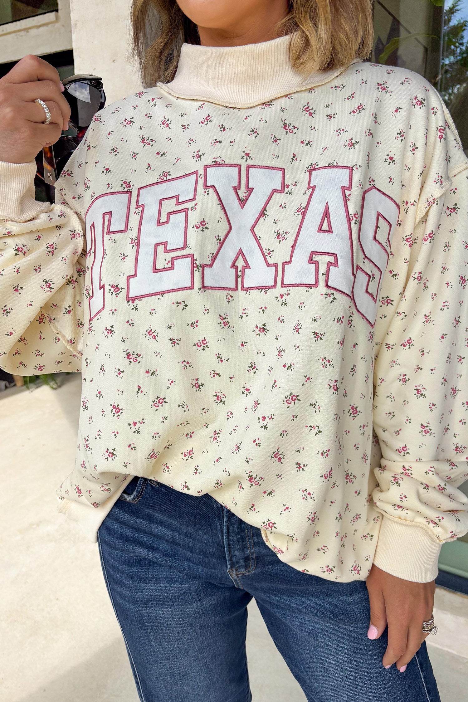 Beige Floral Print Stand Neck Long Sleeve Slogan Sweatshirt