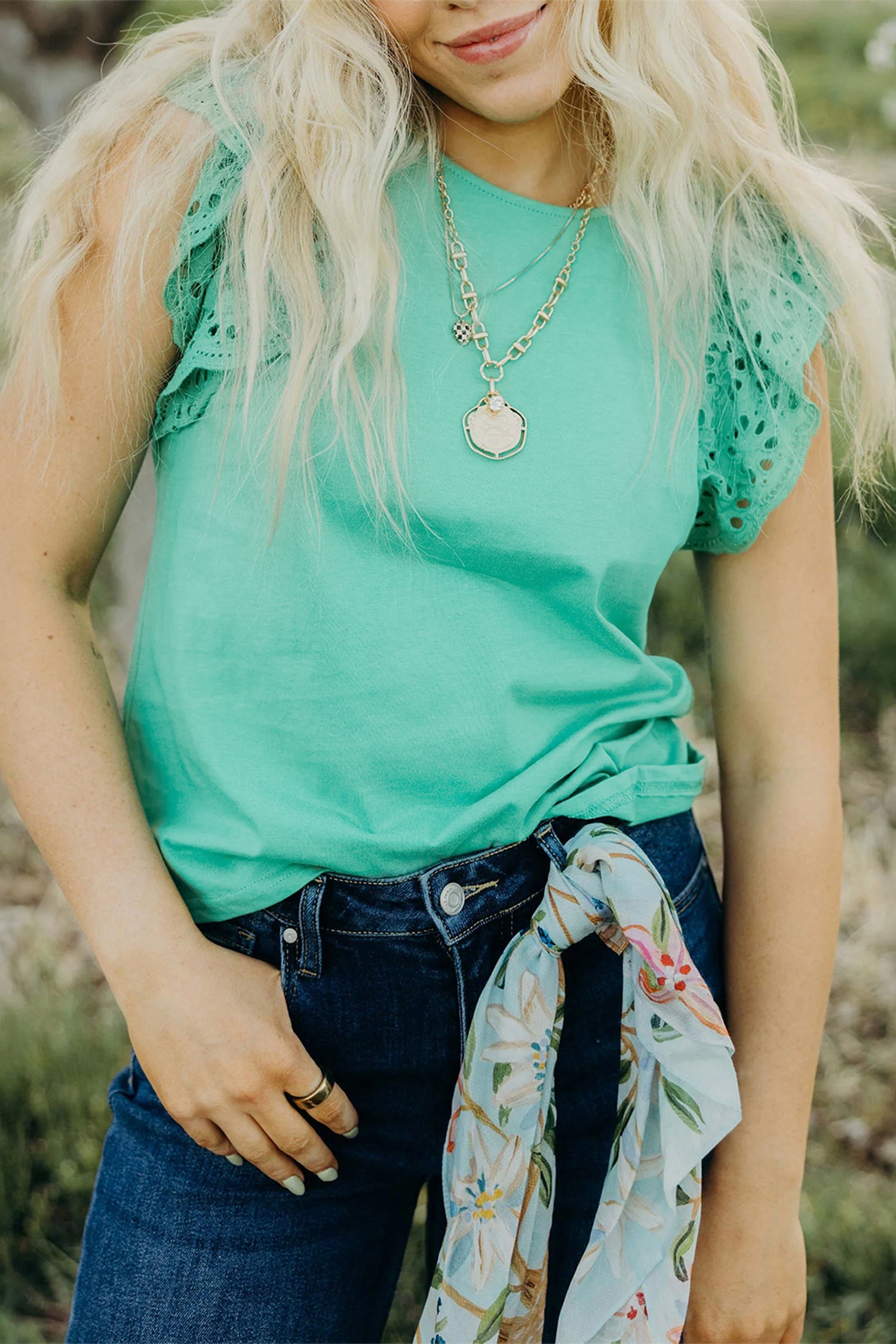 Mint Green Eyelet Lace Ruffled Cap Sleeve Top