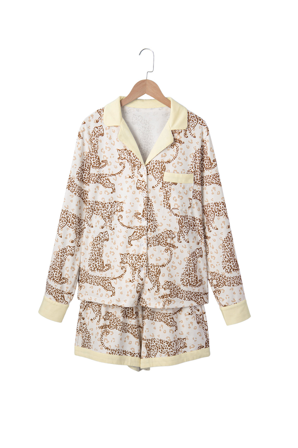 Yellow Leopard Print Colorblock Pocket Placket Long Sleeve Lounge Set