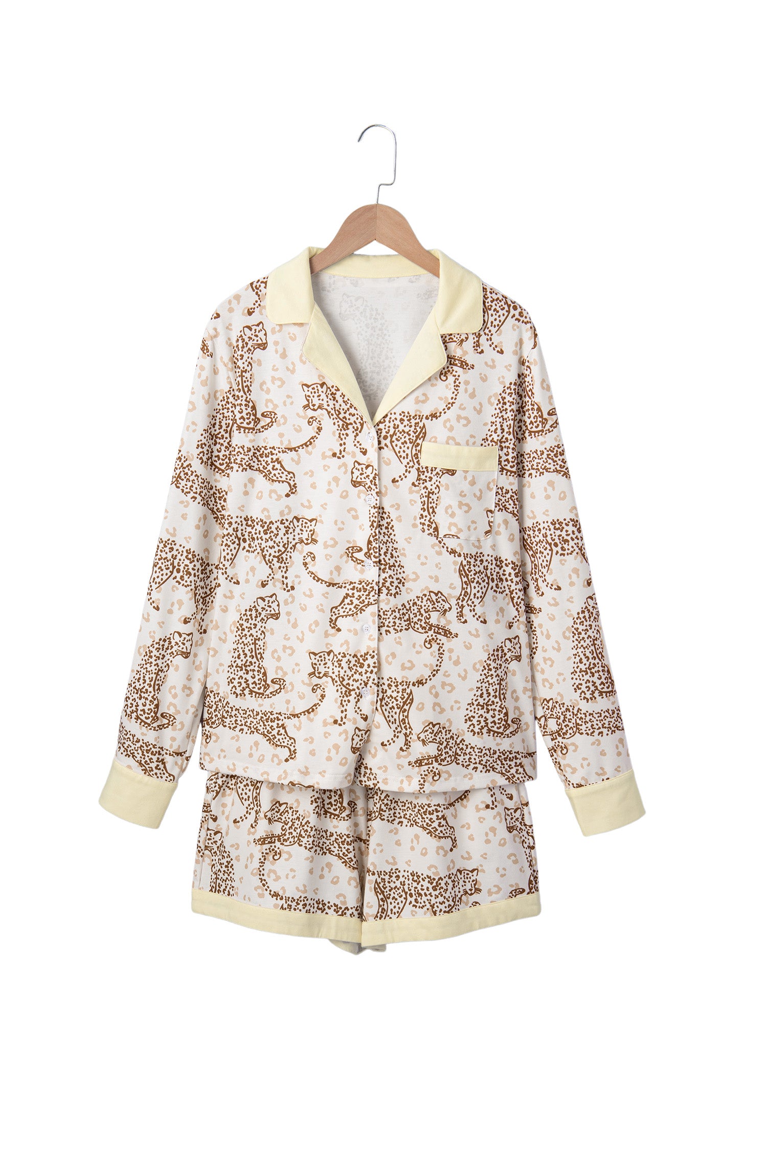 Yellow Leopard Print Colorblock Pocket Placket Long Sleeve Lounge Set