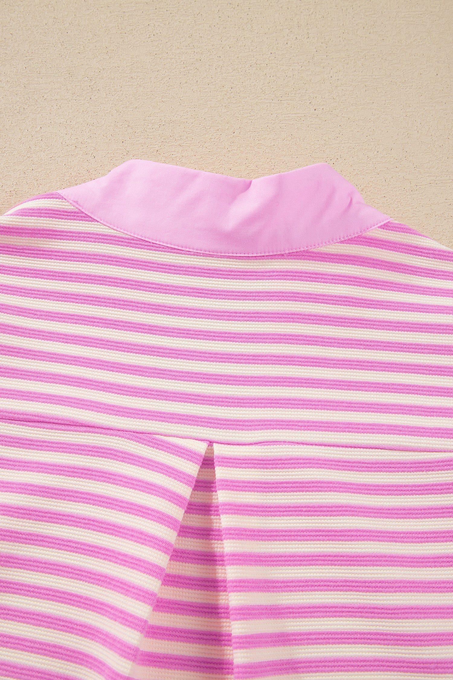 Pink Stripe Color Block Detail Split Neck Short Sleeve Blouse