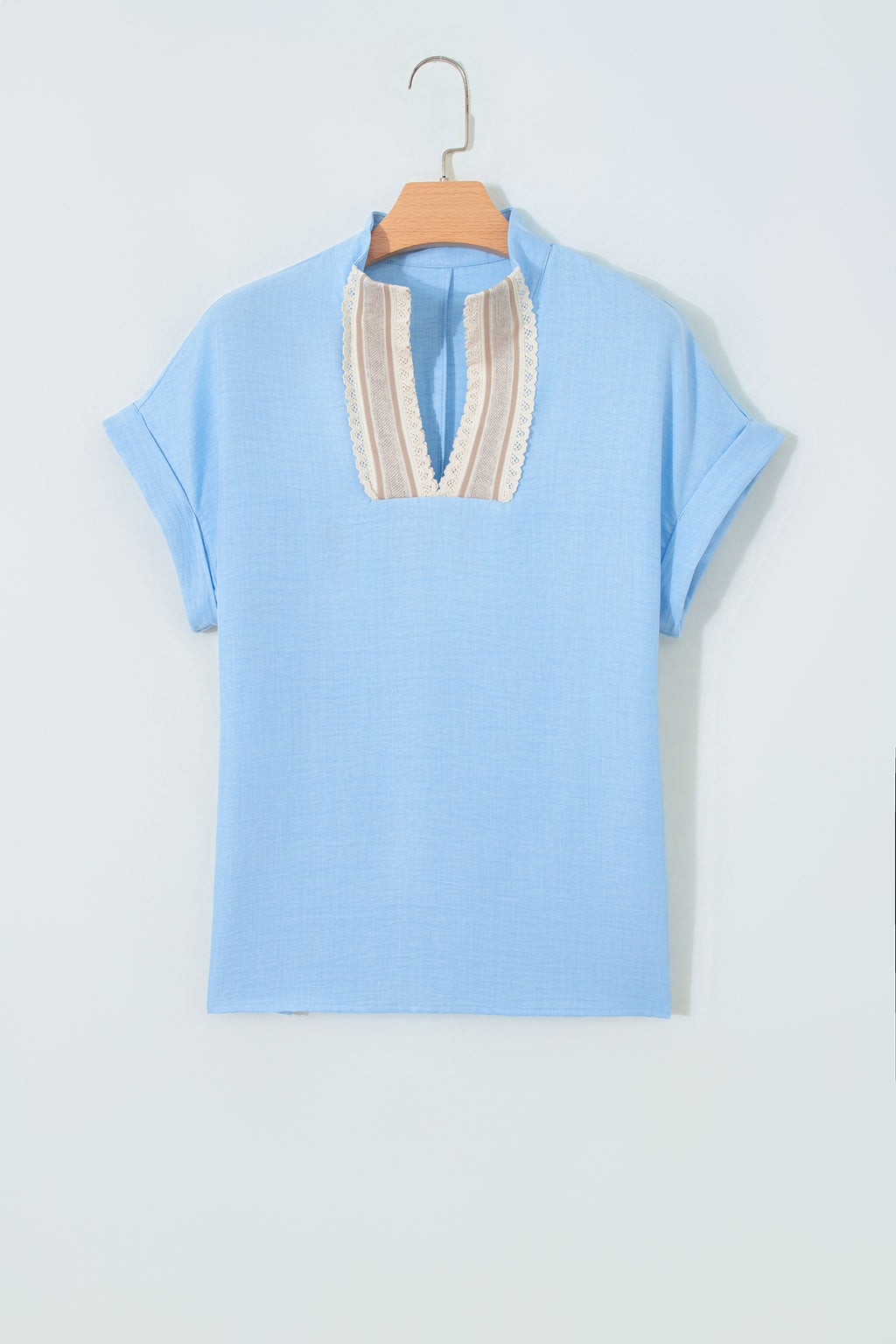Beau Blue Crochet Lace Accent Pullover Rolled Short Sleeve Blouse