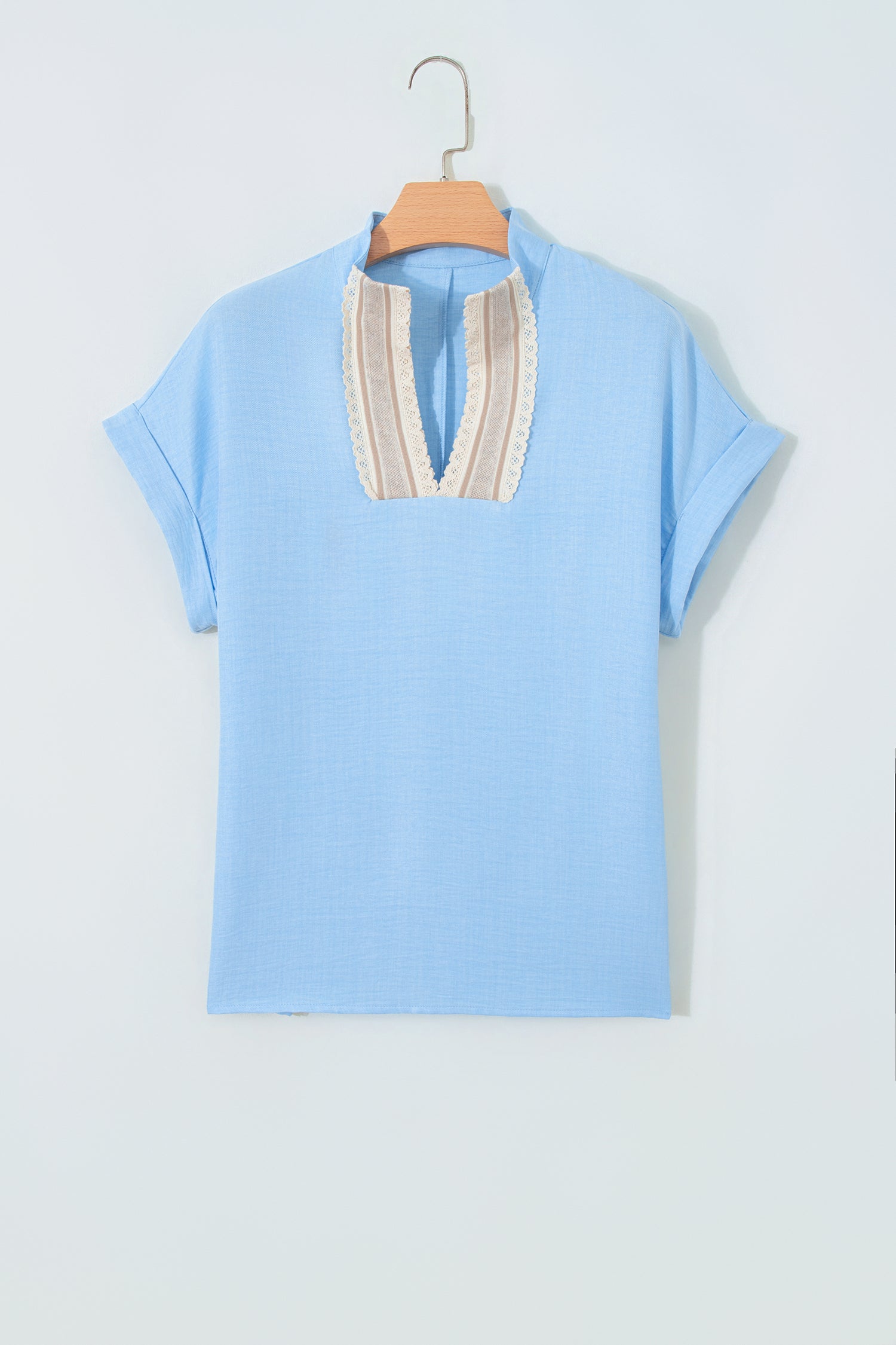 Beau Blue Crochet Lace Accent Pullover Rolled Short Sleeve Blouse