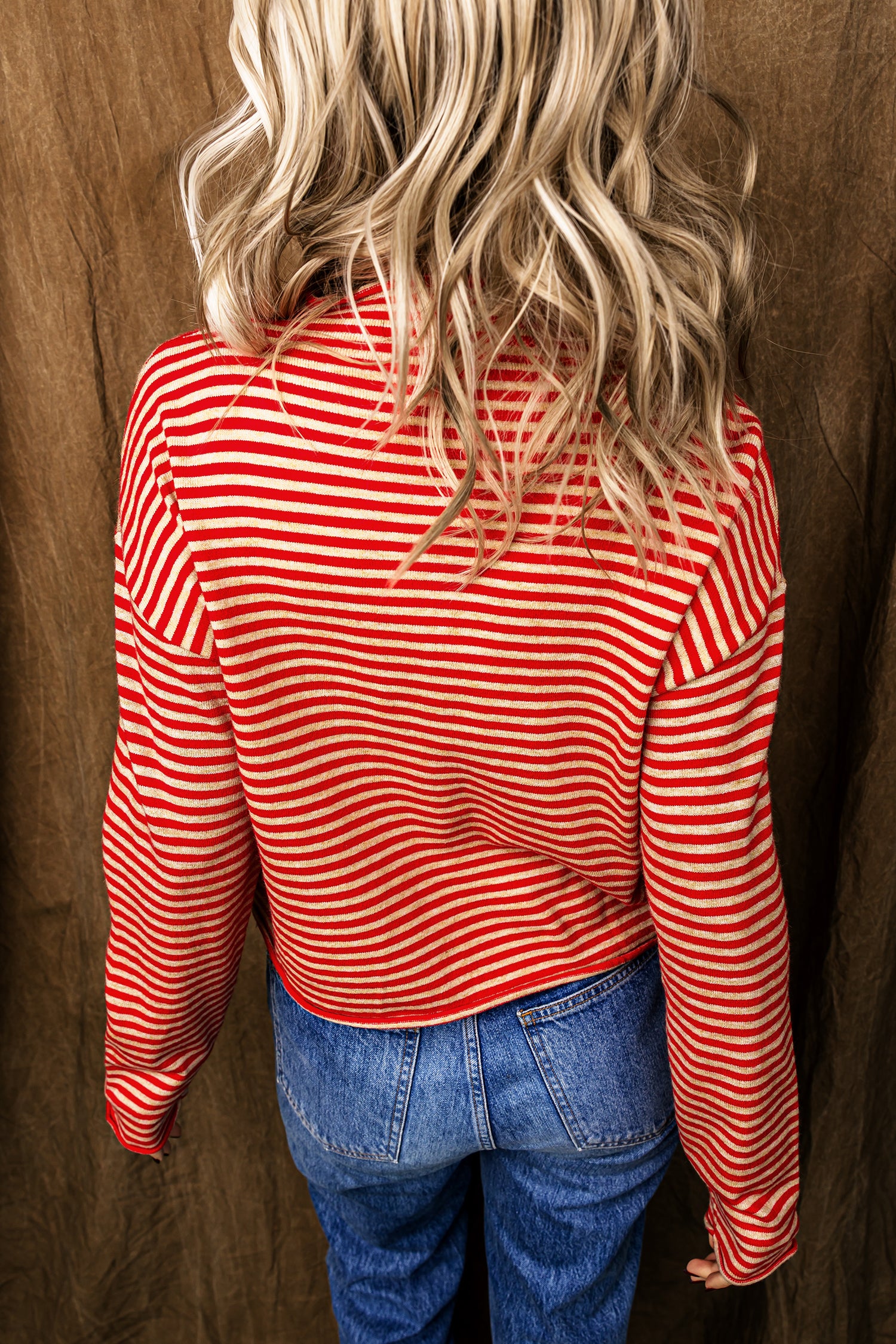 Red Stripe Striped Button Collar Long Sleeve Knit Cardigan