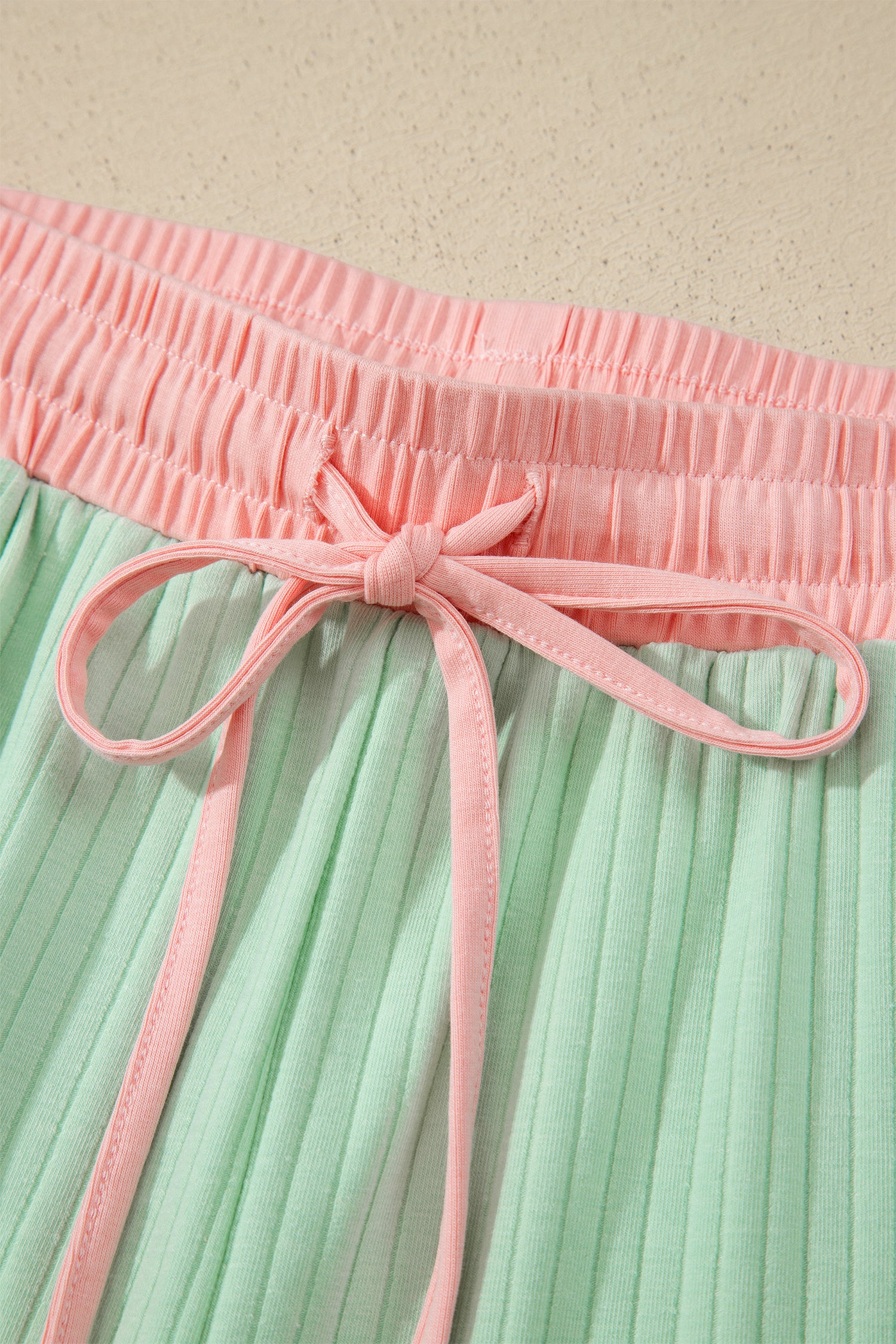 Clearly Aqua Soft Ribbed Color Block Trim Casual Short Set