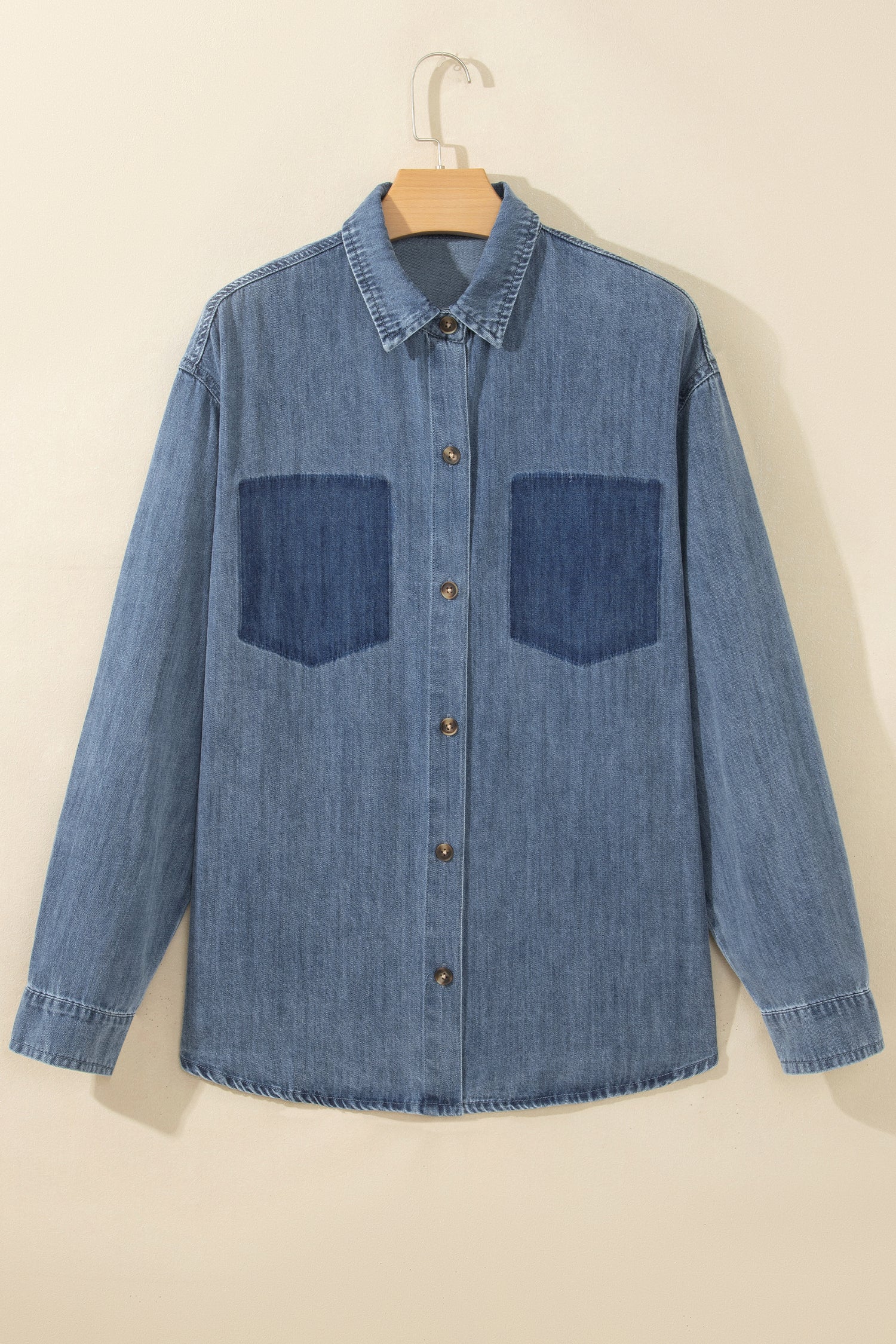 Sky Blue Color Block Pocket Detail Casual Button Down Denim Shirt